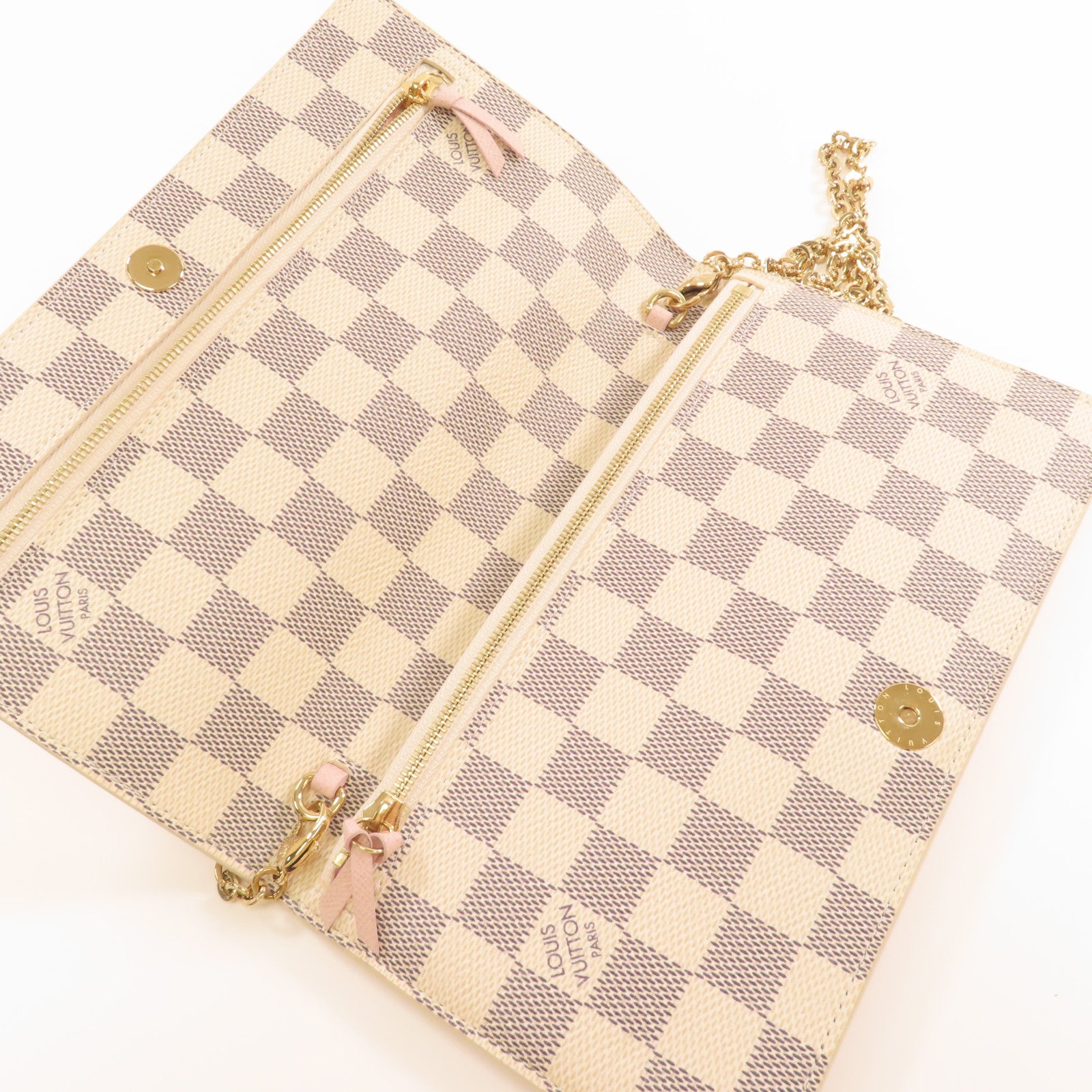 LOUIS VUITTON Damier Azur Pochette Weekend金扣鏈帶肩背袋粉紅色