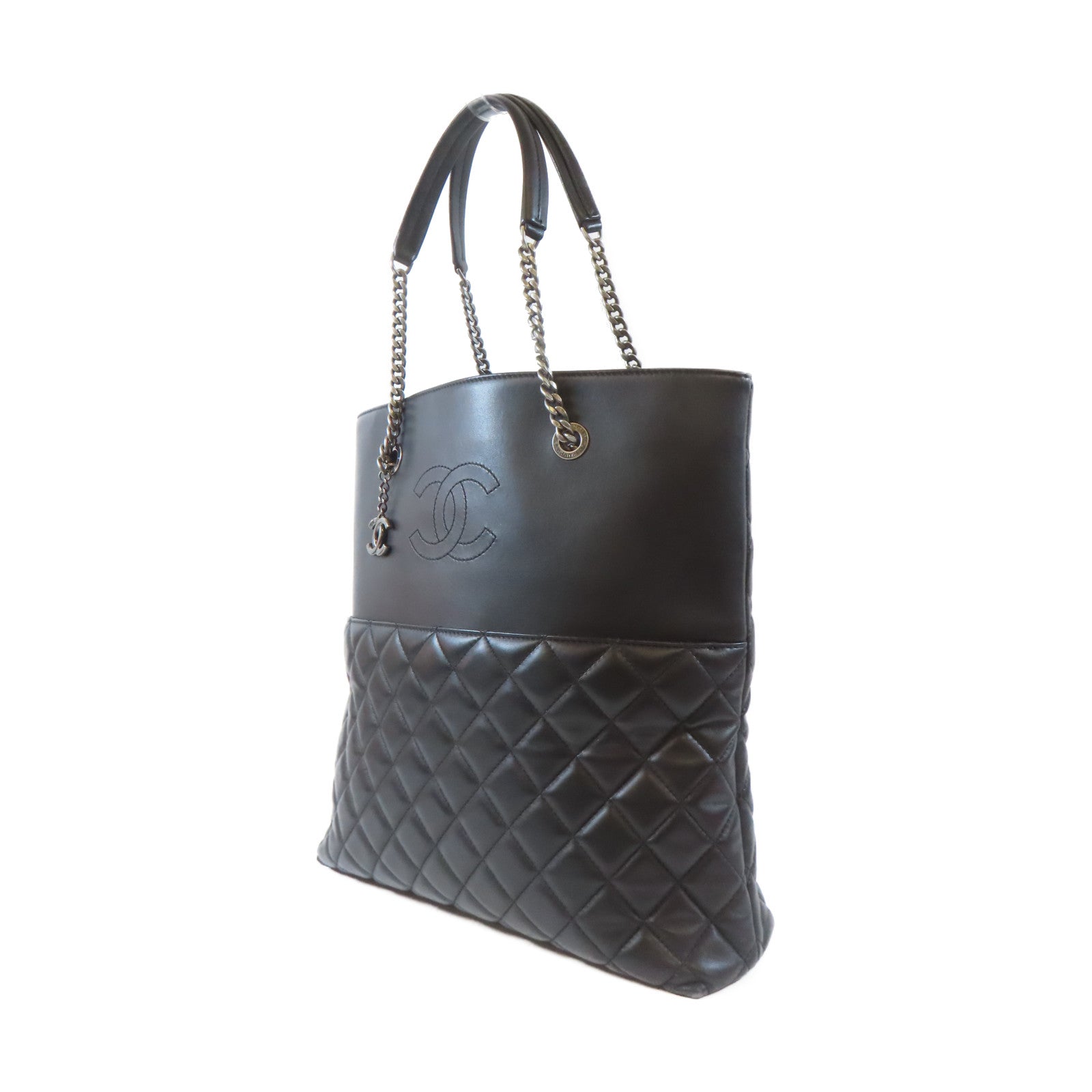 CHANEL 【激減優惠】菱格牛皮皮革Tote Bag銀扣肩背袋黑色