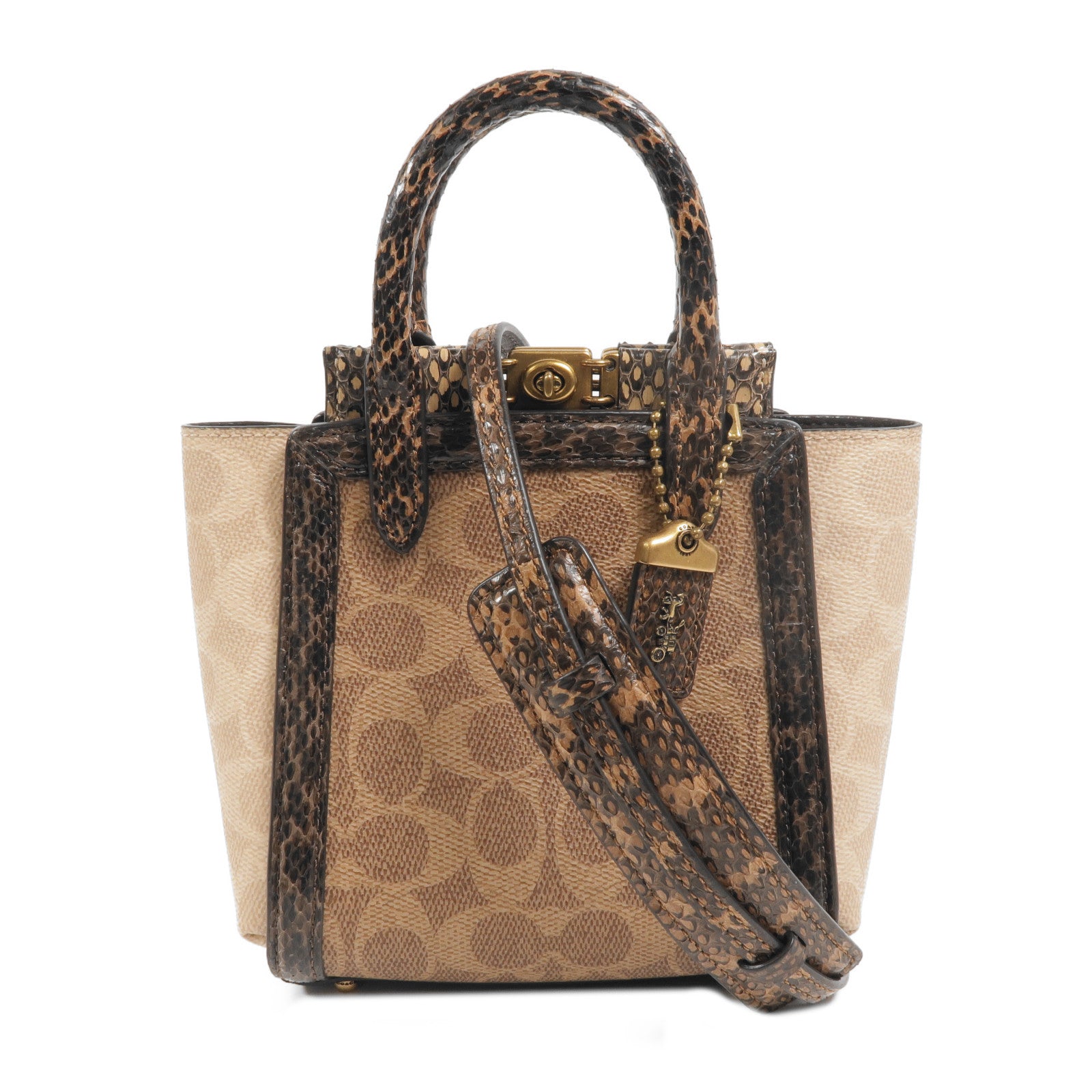 COACH 塗層帆布/蛇皮皮革Troupe Tote 16手挽肩背兩用袋