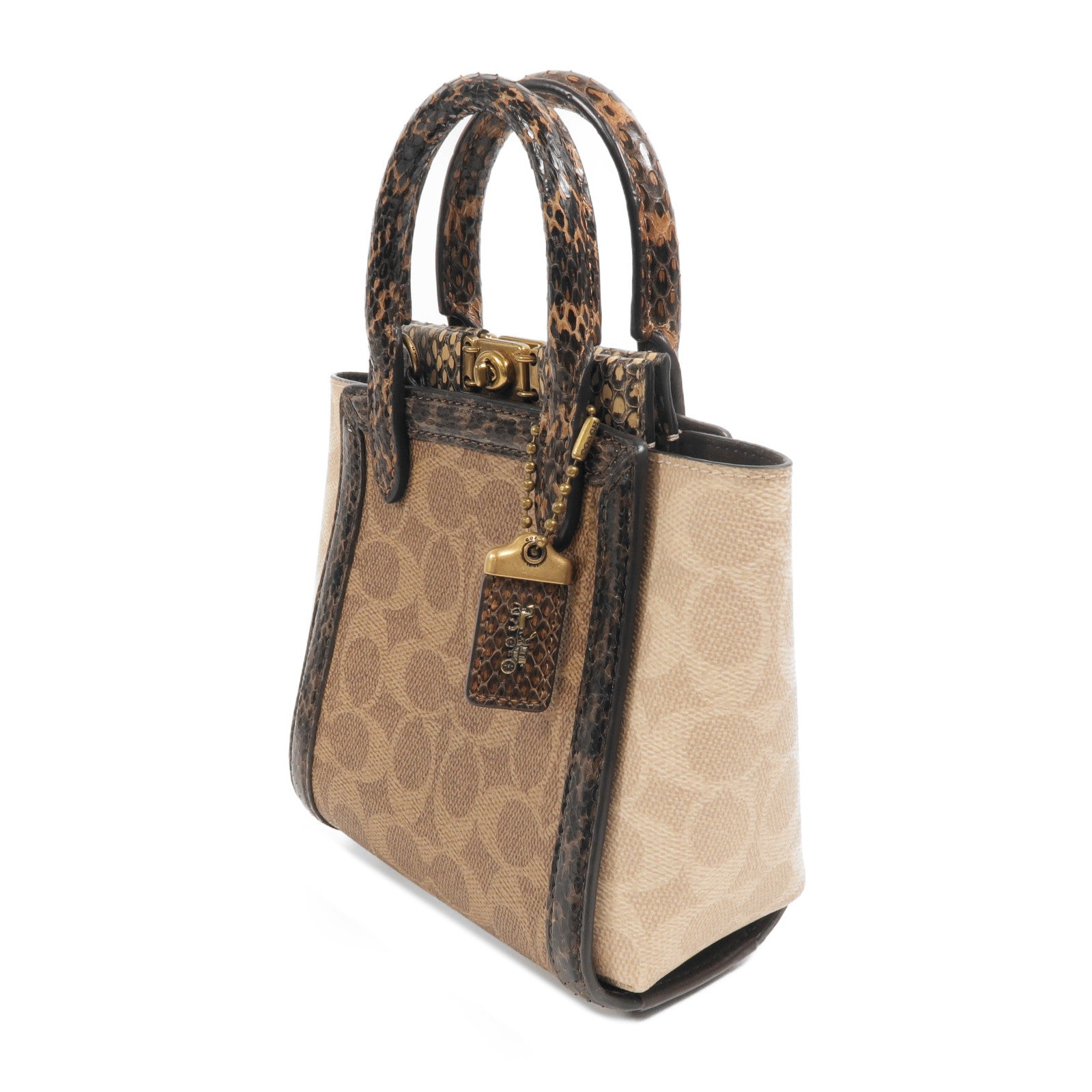 COACH 塗層帆布/蛇皮皮革Troupe Tote 16手挽肩背兩用袋