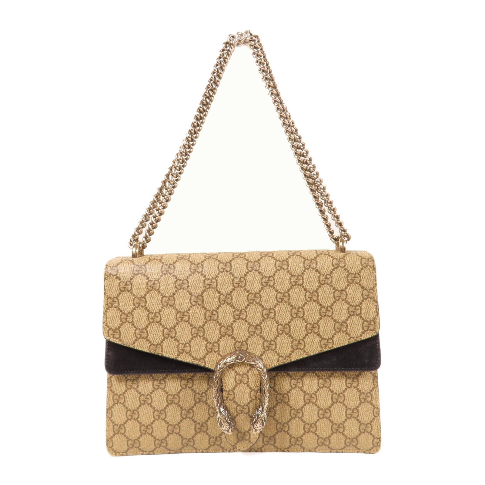 GUCCI 塗層帆布Dionysus銀扣鏈帶肩背袋啡色/黑色