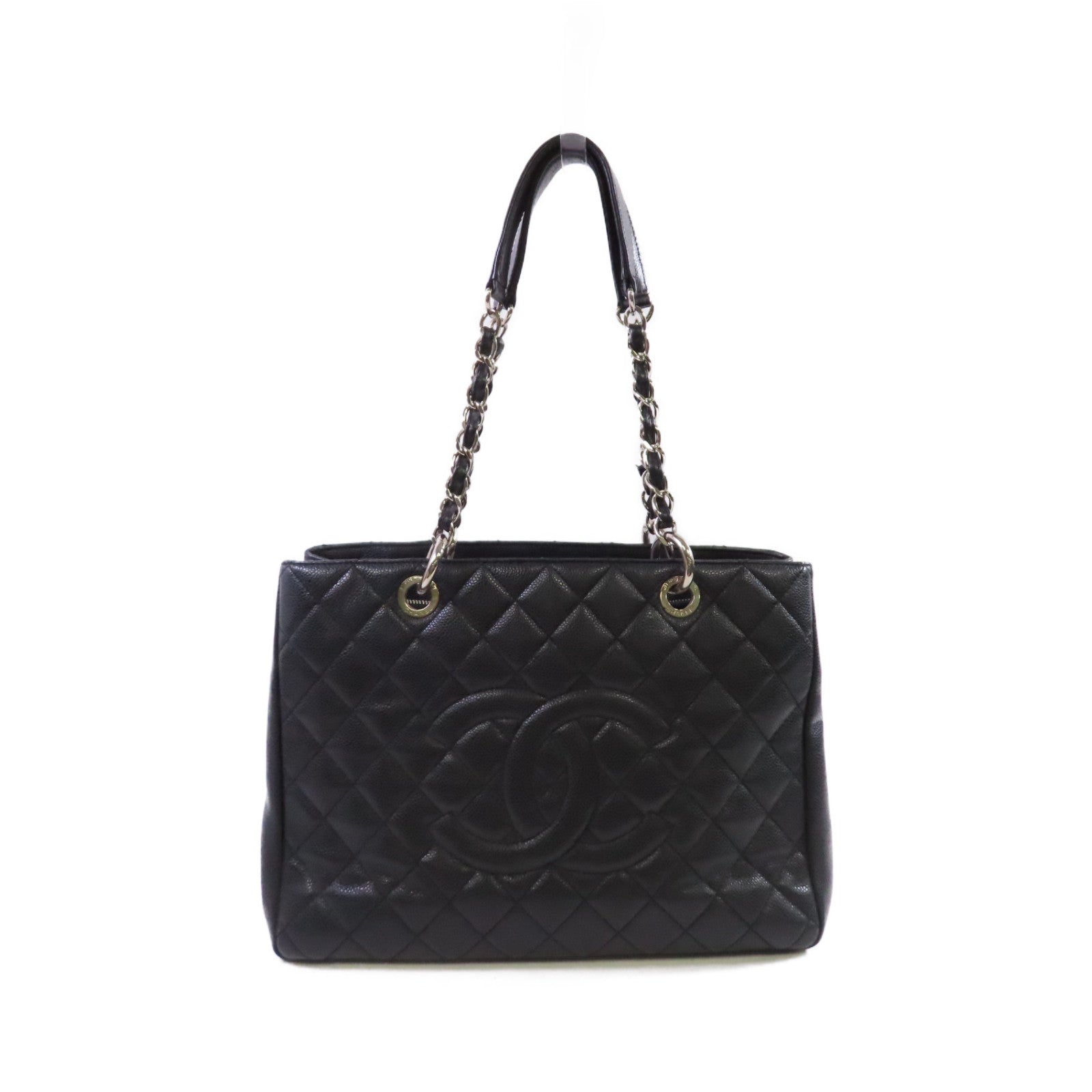 CHANEL 菱格Caviar皮革GST Tote Bag銀扣肩背袋黑色