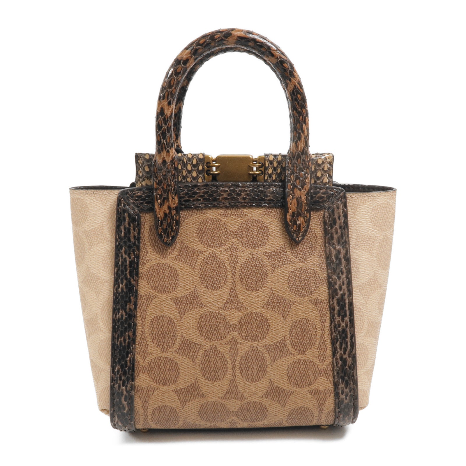 COACH 塗層帆布/蛇皮皮革Troupe Tote 16手挽肩背兩用袋
