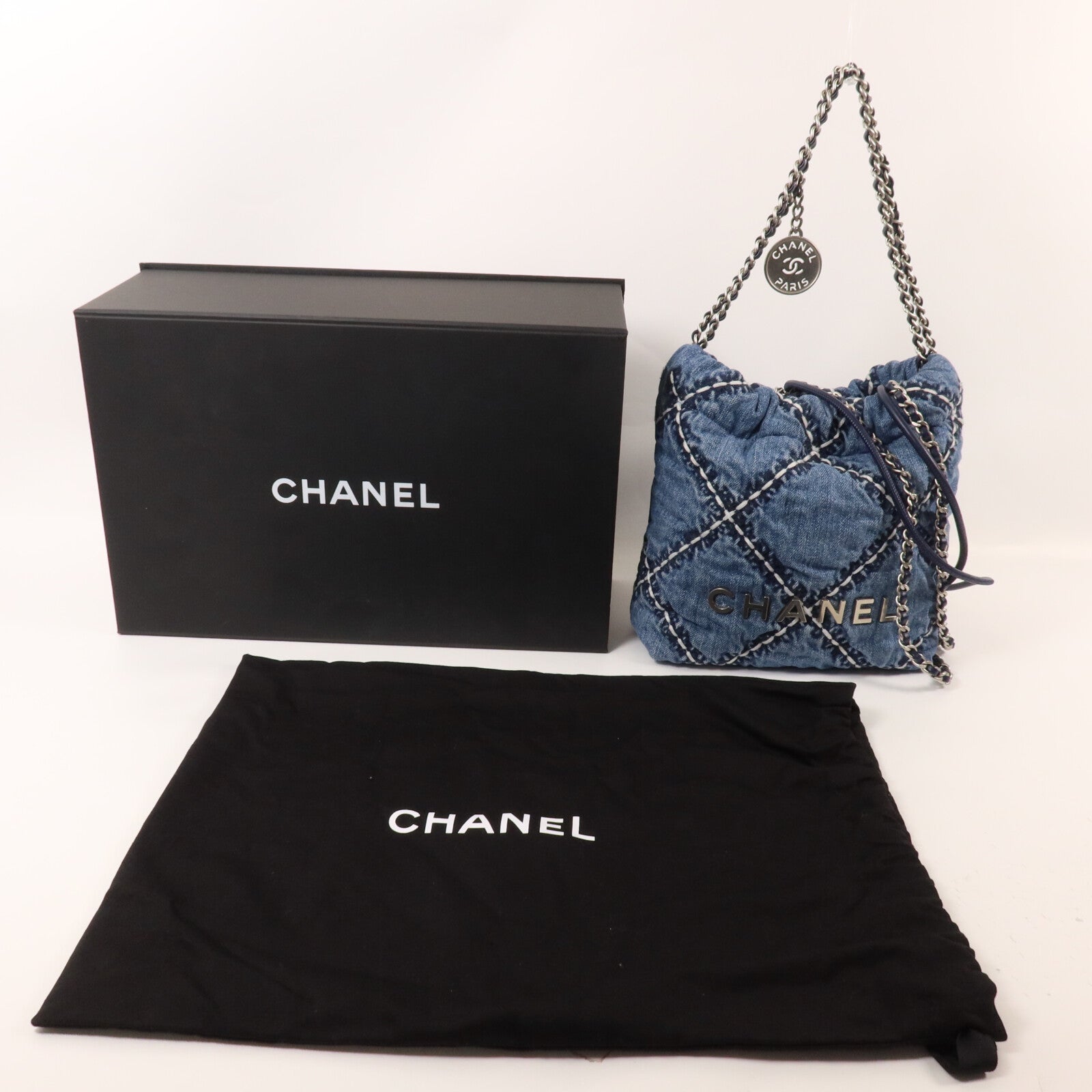 CHANEL 牛仔布Mini C22鏈帶手挽肩背兩用袋