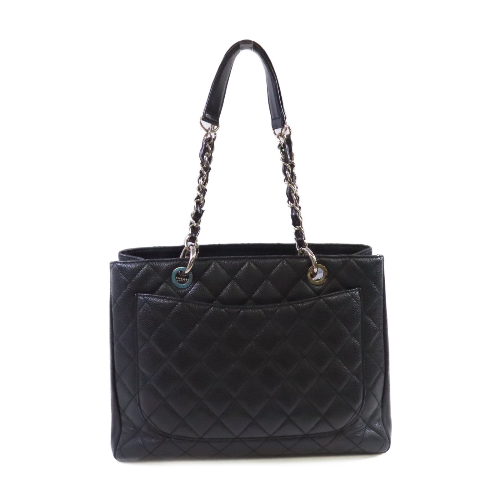 CHANEL 菱格Caviar皮革GST Tote Bag銀扣肩背袋黑色