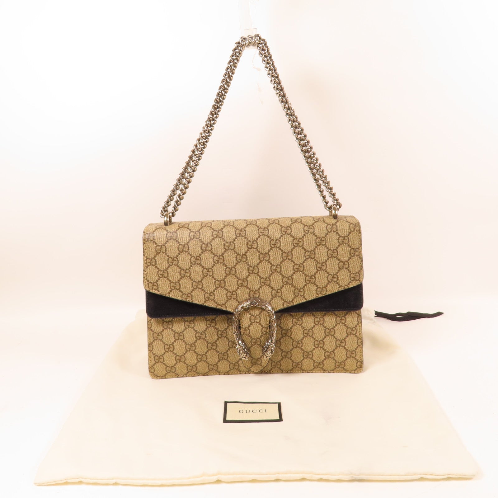GUCCI 塗層帆布Dionysus銀扣鏈帶肩背袋啡色/黑色