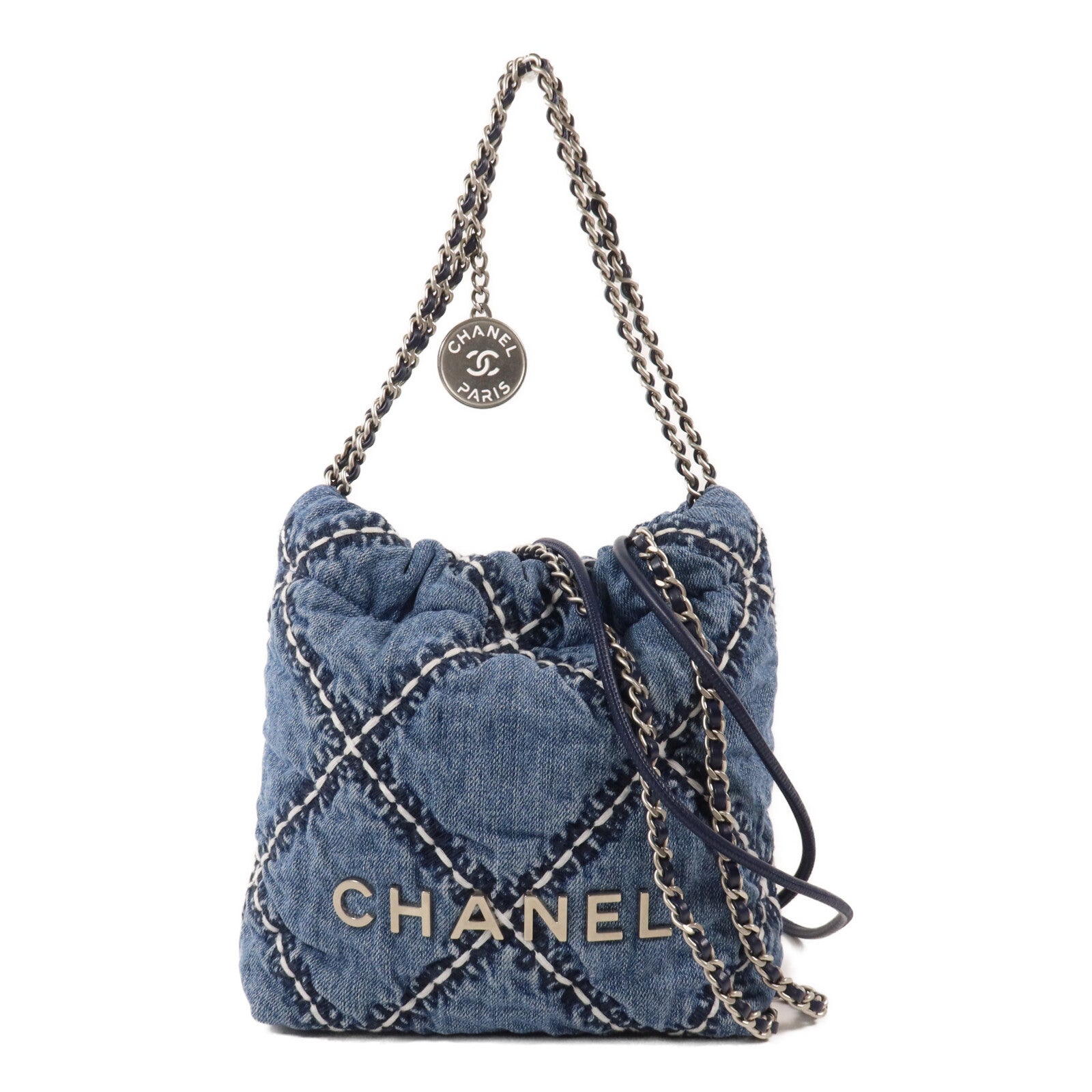 CHANEL 牛仔布Mini C22鏈帶手挽肩背兩用袋