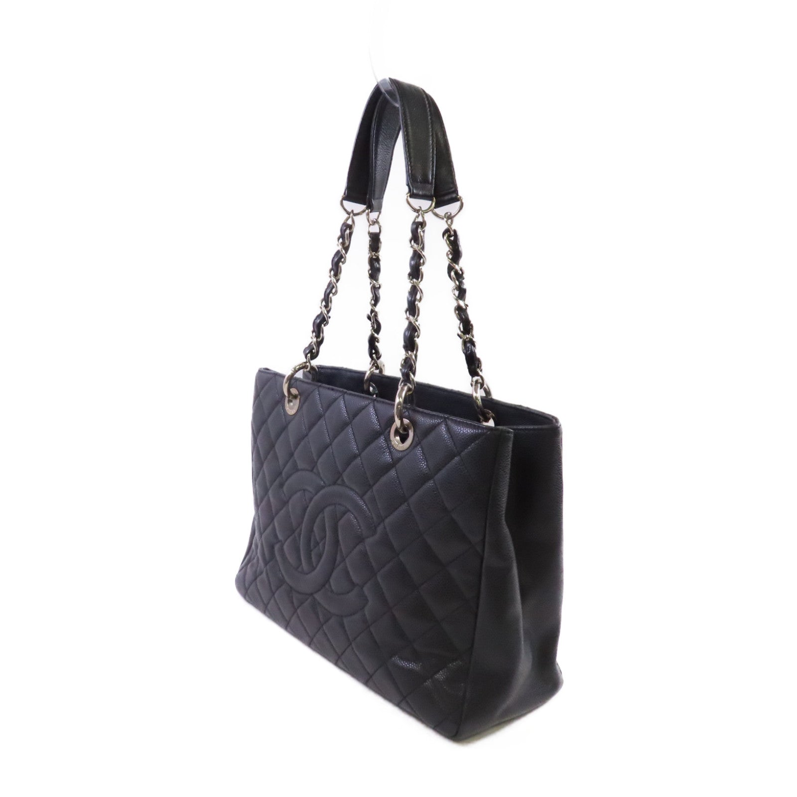 CHANEL 菱格Caviar皮革GST Tote Bag銀扣肩背袋黑色