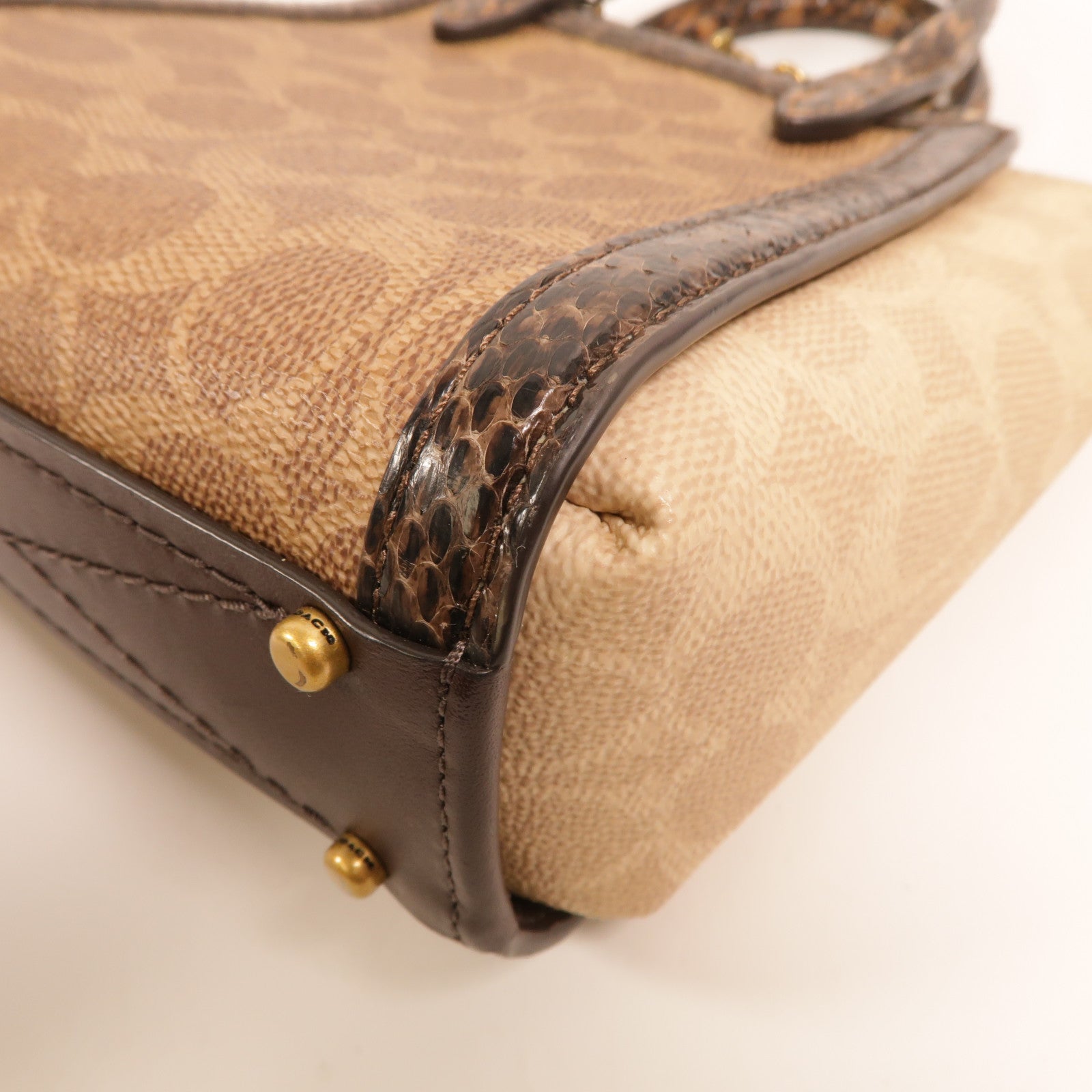 COACH 塗層帆布/蛇皮皮革Troupe Tote 16手挽肩背兩用袋