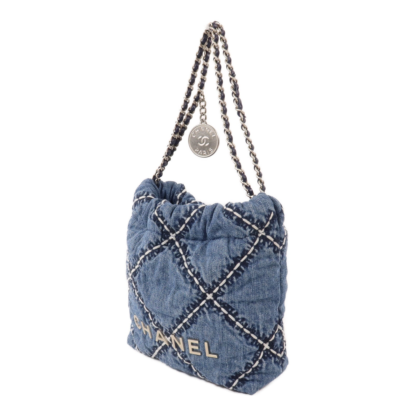 CHANEL 牛仔布Mini C22鏈帶手挽肩背兩用袋