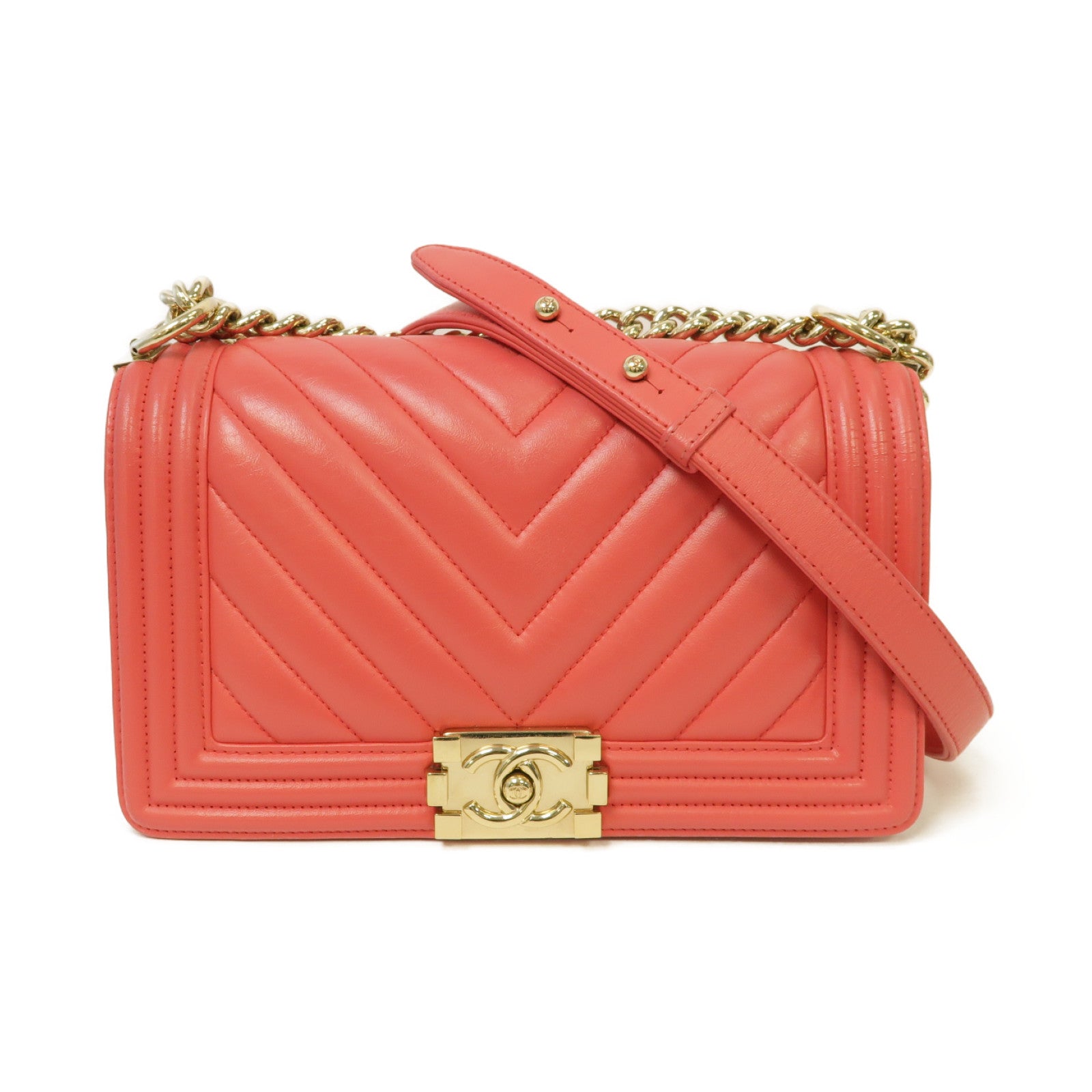 CHANEL 【激減優惠】斜紋Chevron Boy 25金扣鏈帶肩背袋粉紅色