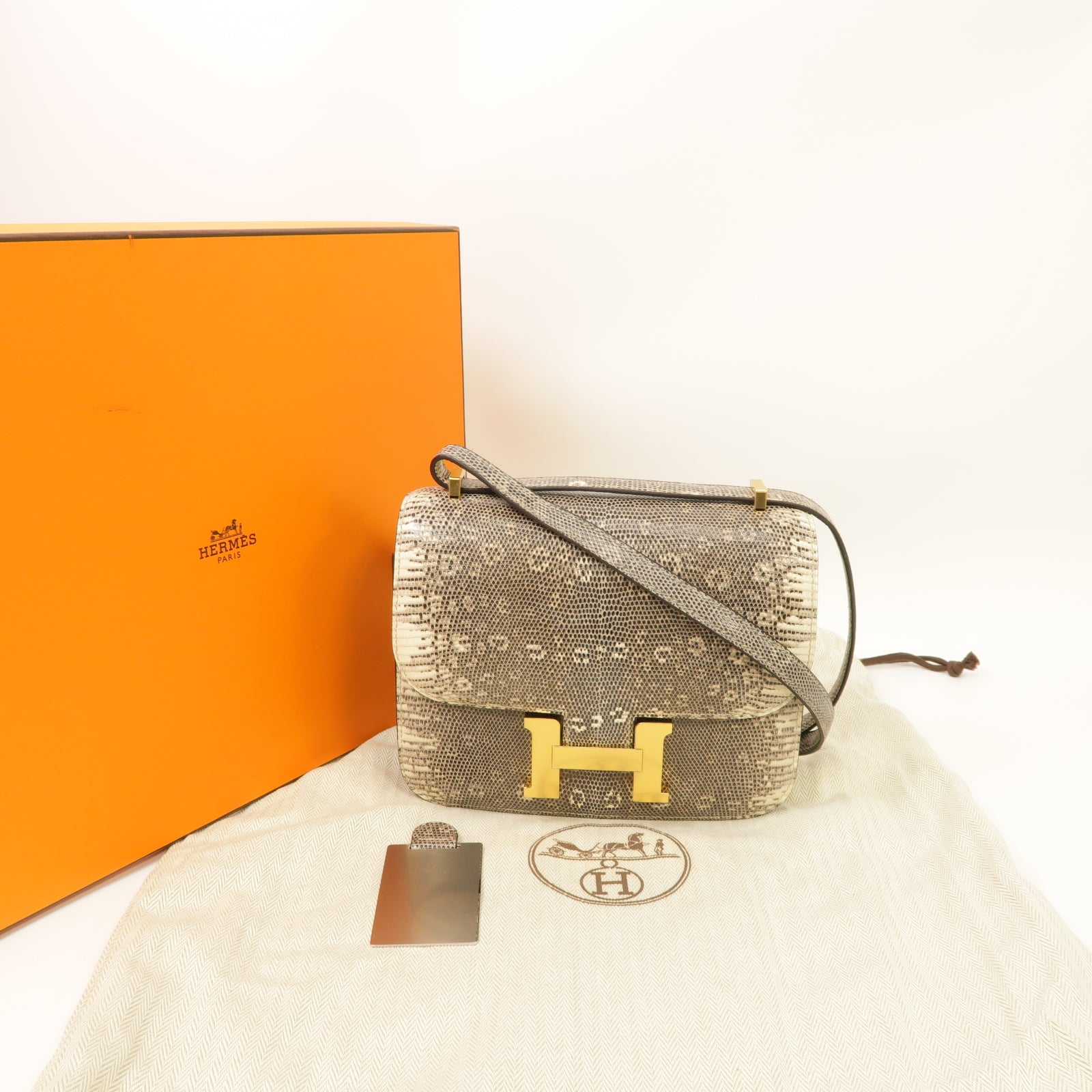 HERMES 蜥蝪皮革Mini Constance金扣肩背袋Ombre米色