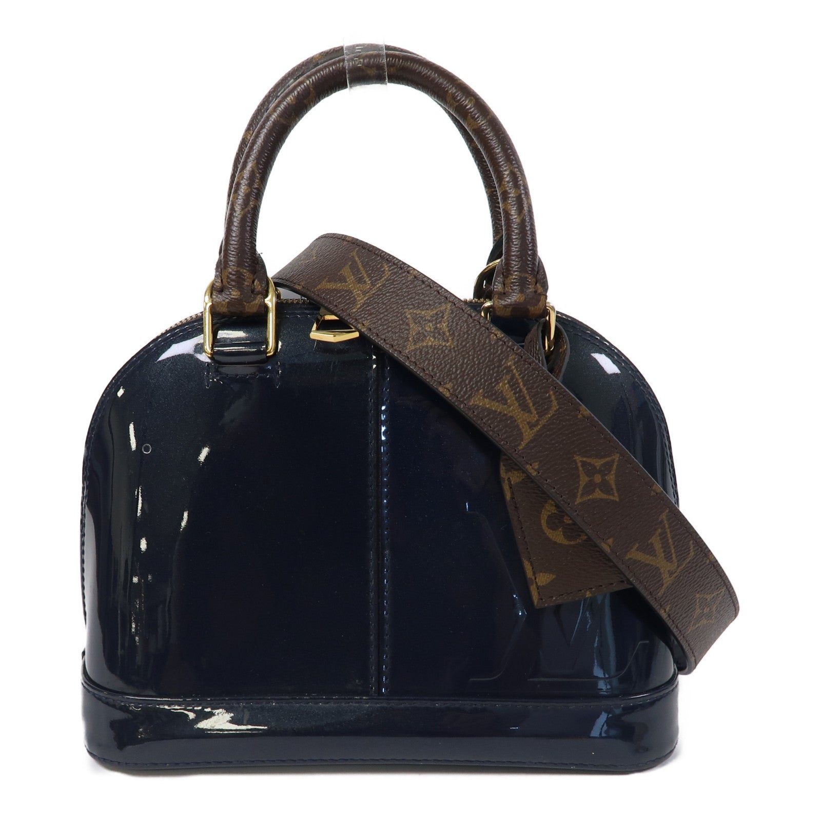 LOUIS VUITTON Monogram/漆皮皮革Alma BB金扣手挽肩背兩用袋深藍色/啡色