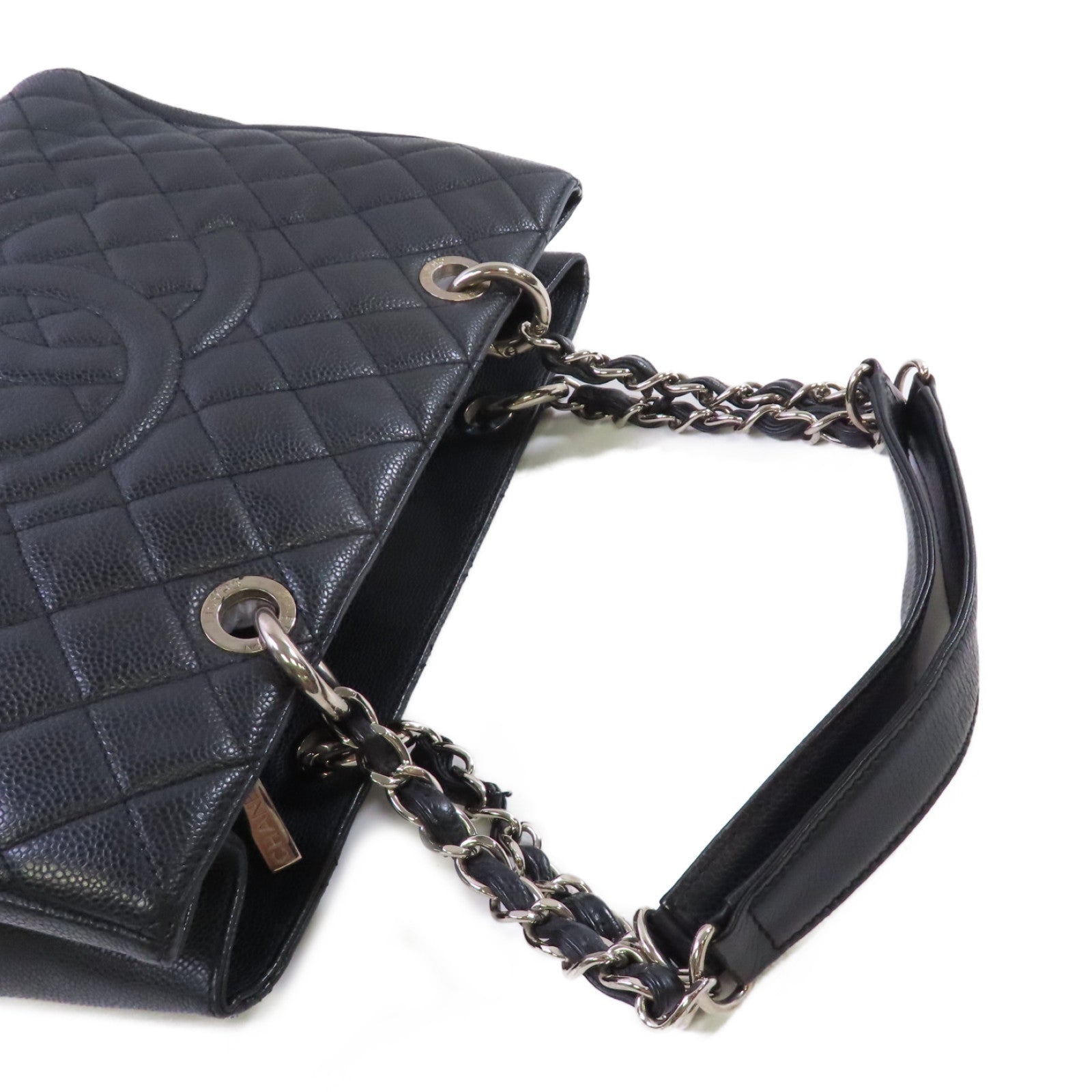 CHANEL 菱格Caviar皮革GST Tote Bag銀扣肩背袋黑色