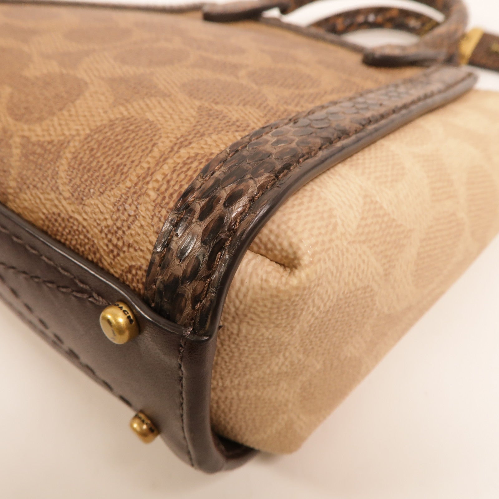 COACH 塗層帆布/蛇皮皮革Troupe Tote 16手挽肩背兩用袋
