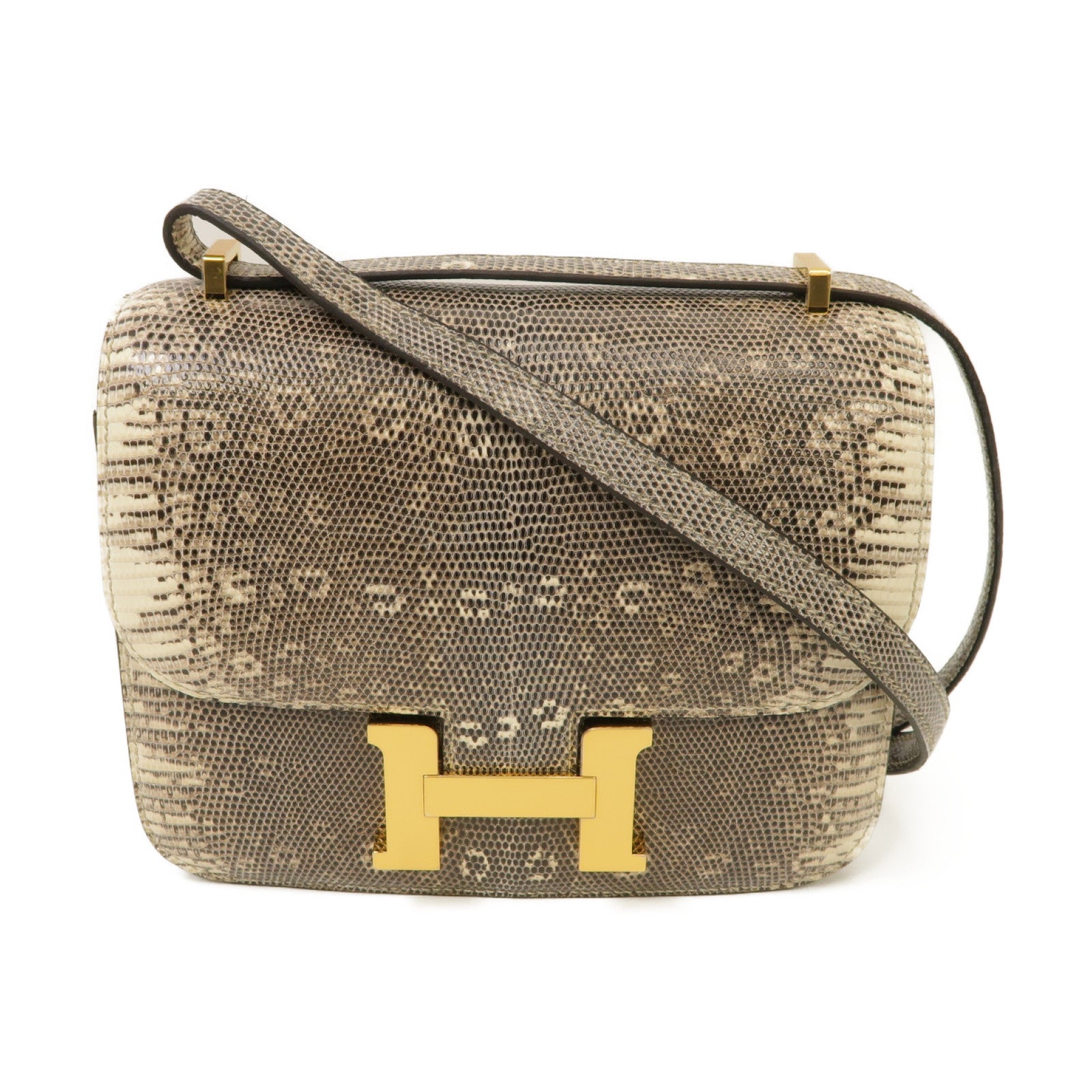 HERMES 蜥蝪皮革Mini Constance金扣肩背袋Ombre米色