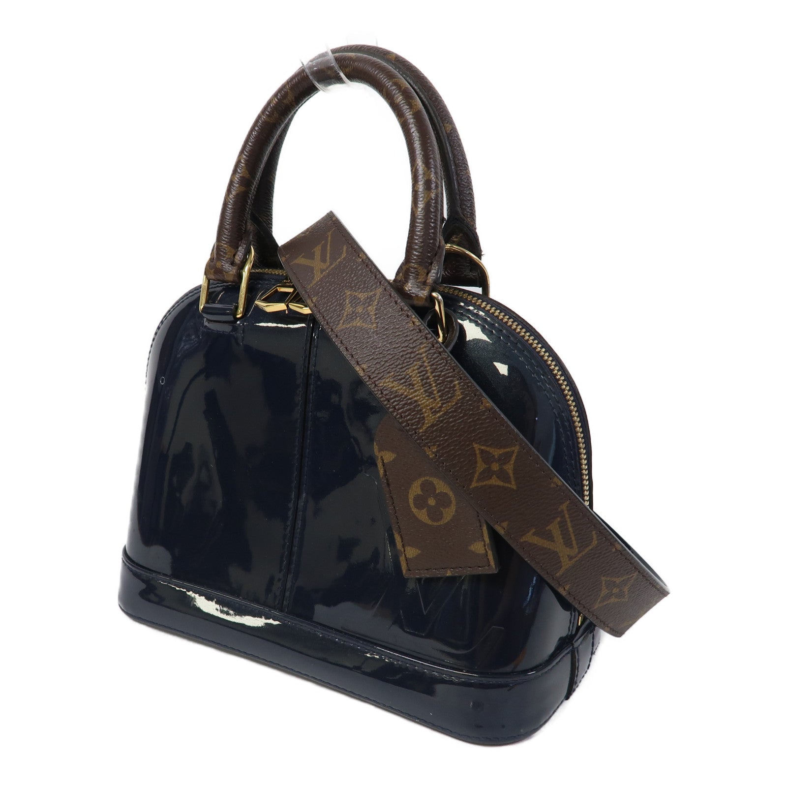 LOUIS VUITTON Monogram/漆皮皮革Alma BB金扣手挽肩背兩用袋深藍色/啡色