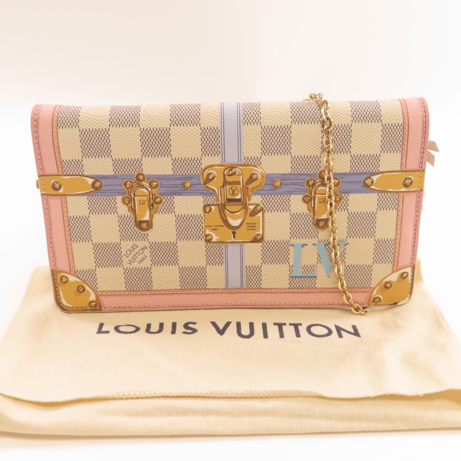 LOUIS VUITTON Damier Azur Pochette Weekend金扣鏈帶肩背袋粉紅色