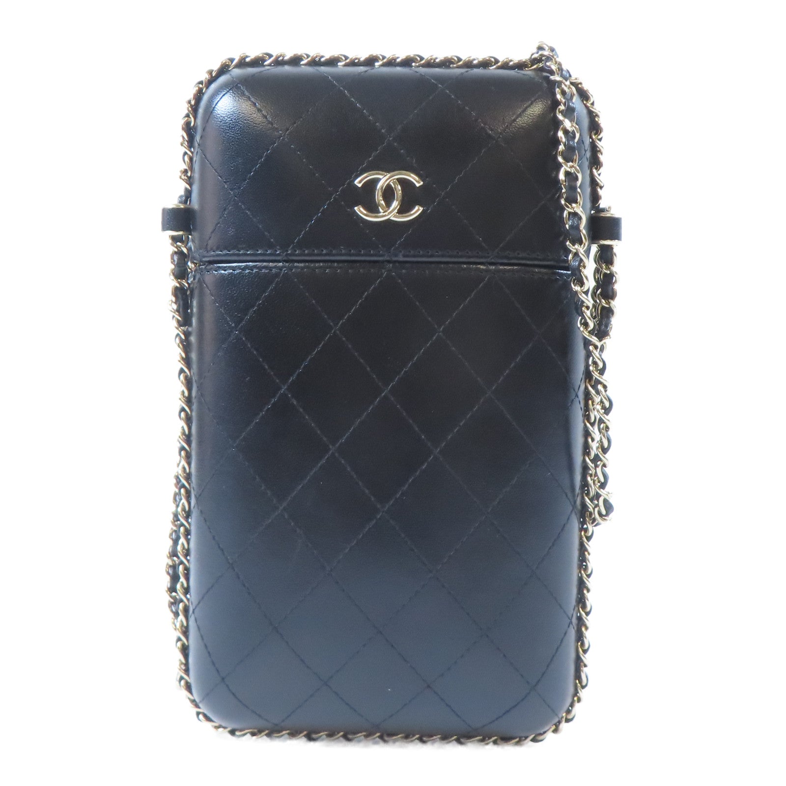 CHANEL 菱格牛皮皮革Phone Box金扣鏈帶肩背袋黑色