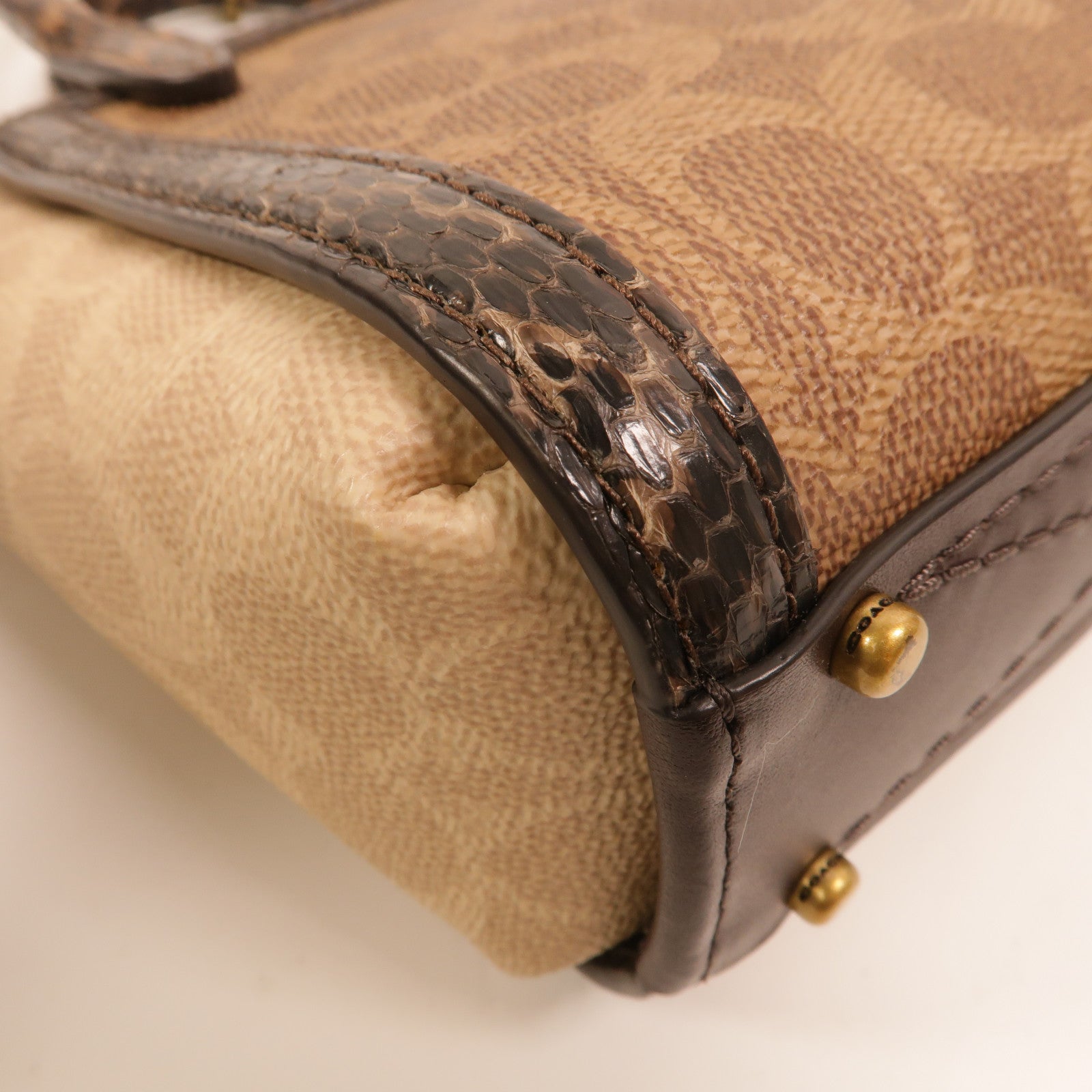 COACH 塗層帆布/蛇皮皮革Troupe Tote 16手挽肩背兩用袋