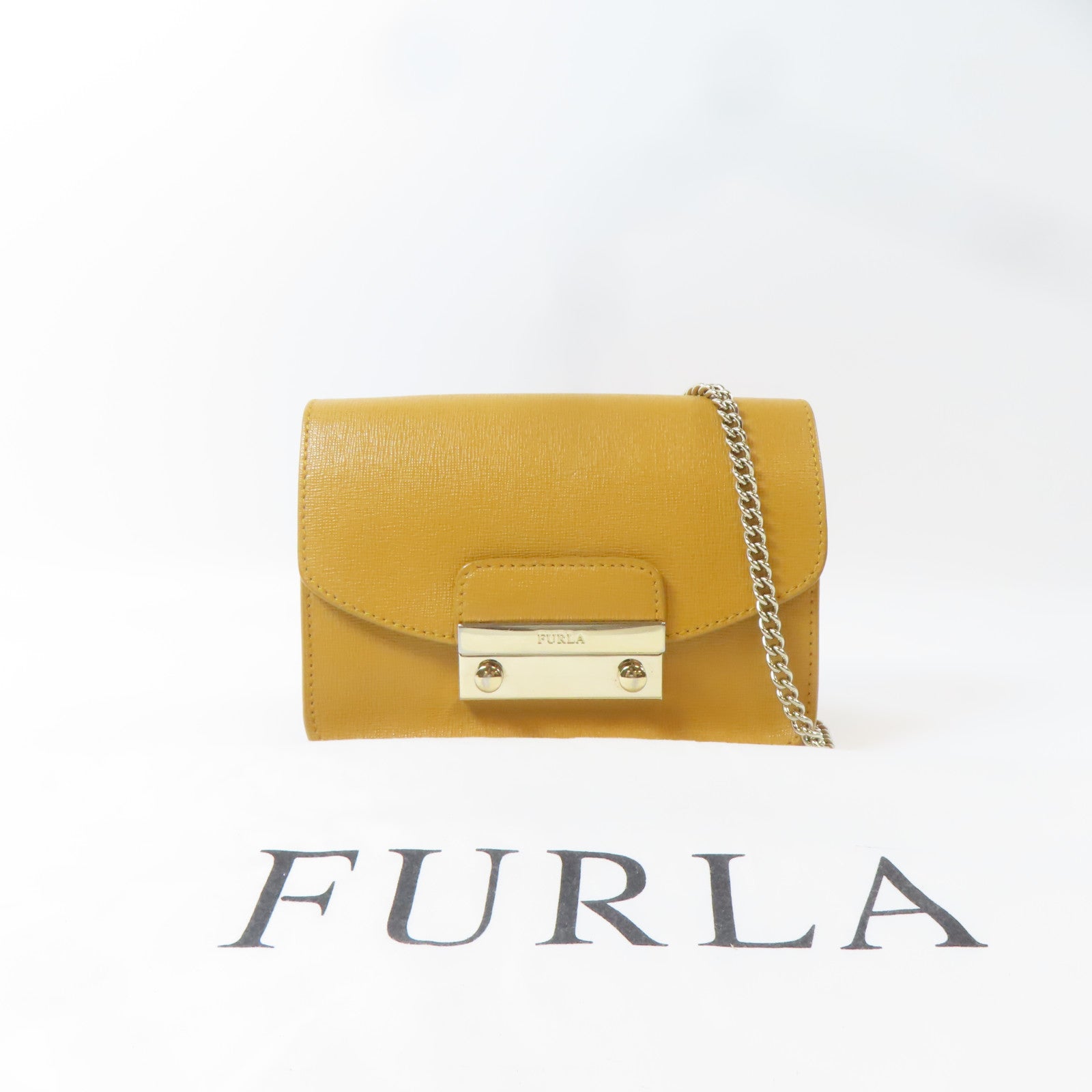 Furla 牛皮皮革Chain Shoulder金扣鏈帶肩背袋橙色