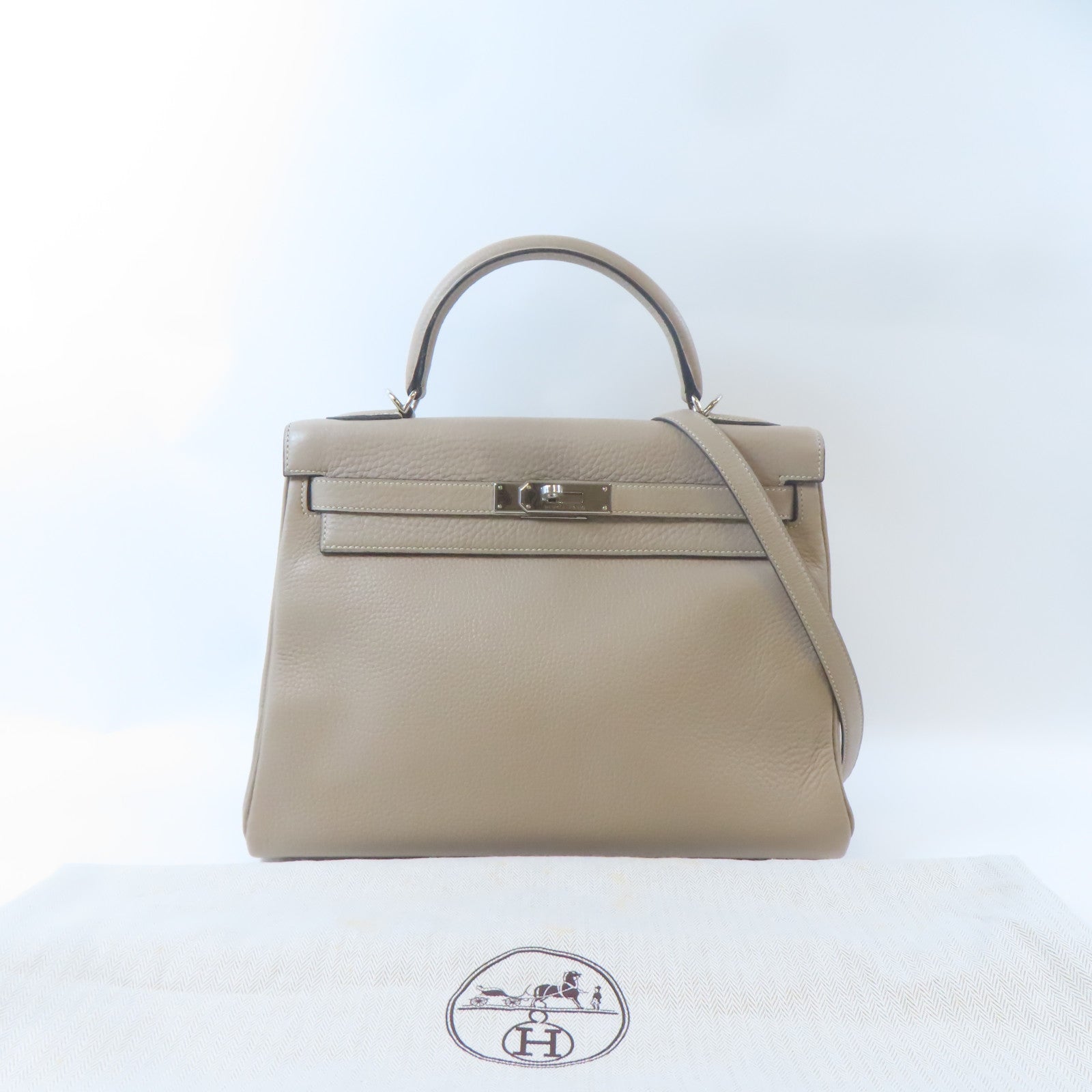 HERMES Clemence皮革Kelly 32銀扣手挽肩背兩用袋Gris Tourterelle淺灰色