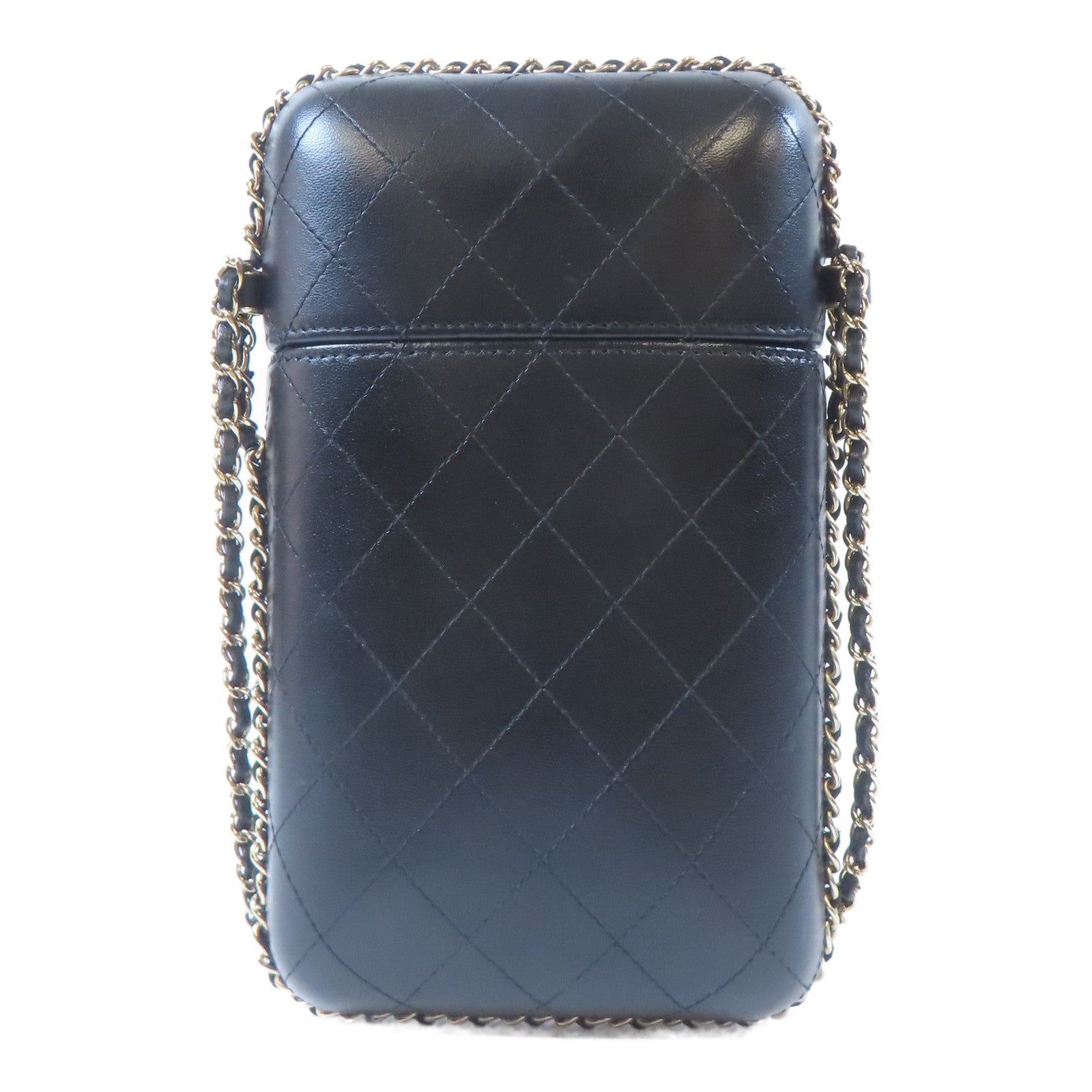 CHANEL 菱格牛皮皮革Phone Box金扣鏈帶肩背袋黑色