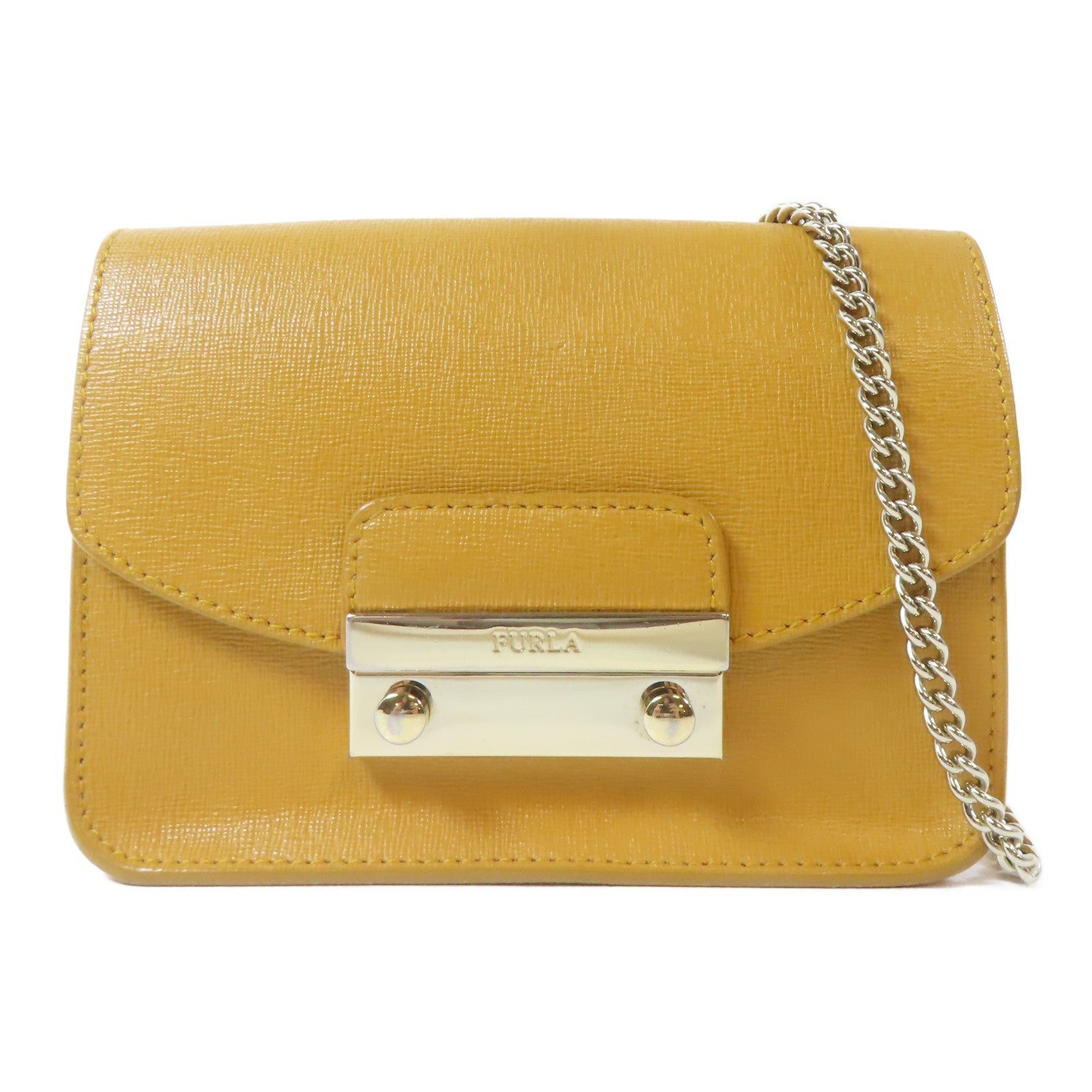 Furla 牛皮皮革Chain Shoulder金扣鏈帶肩背袋橙色