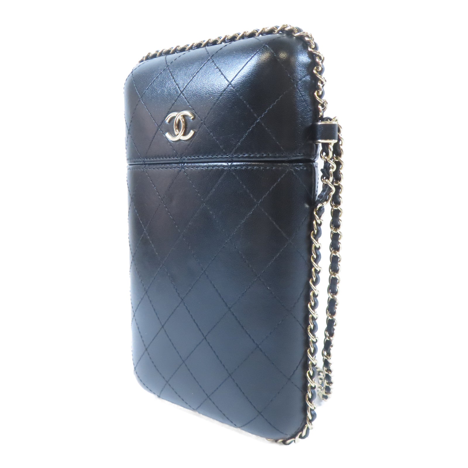 CHANEL 菱格牛皮皮革Phone Box金扣鏈帶肩背袋黑色