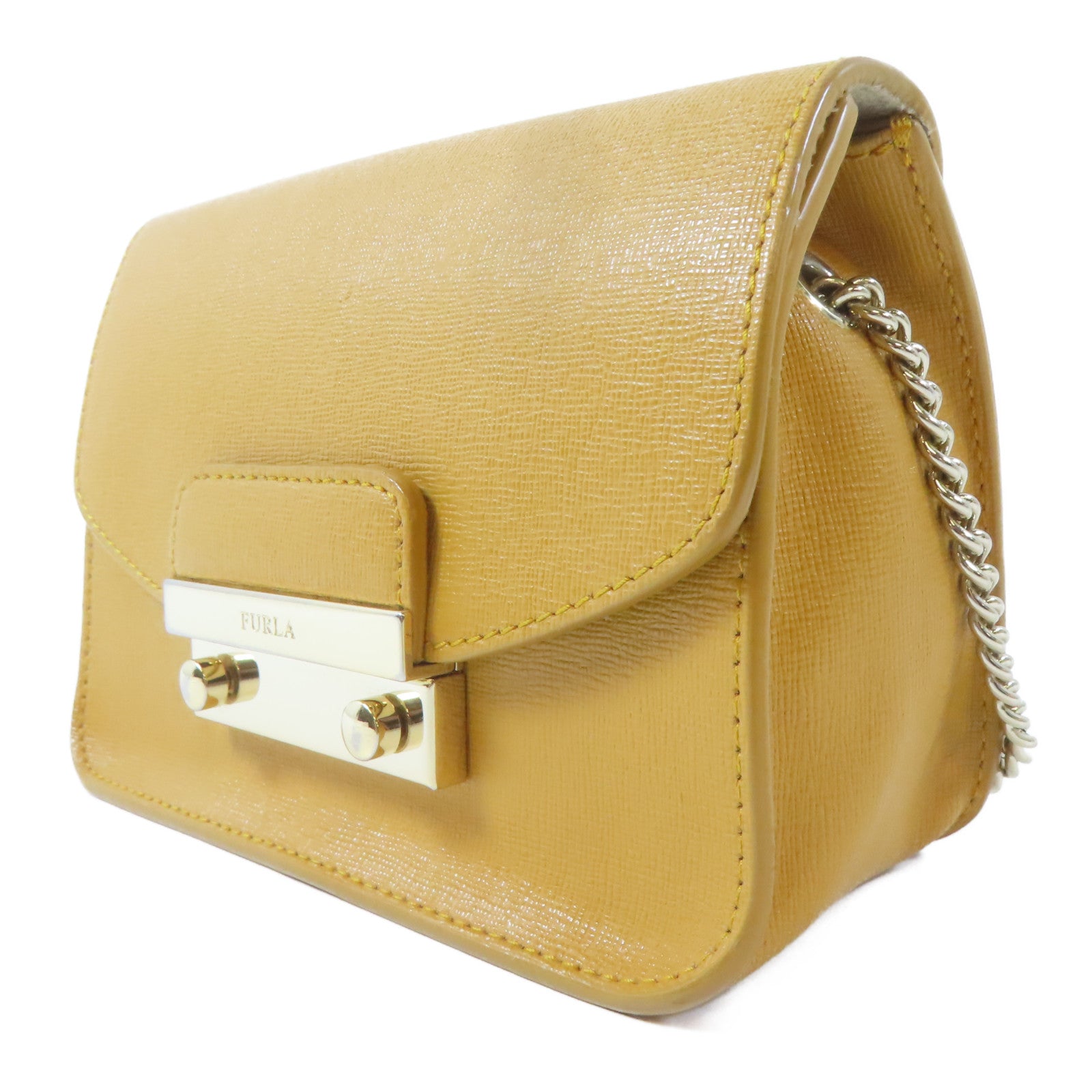 Furla 牛皮皮革Chain Shoulder金扣鏈帶肩背袋橙色
