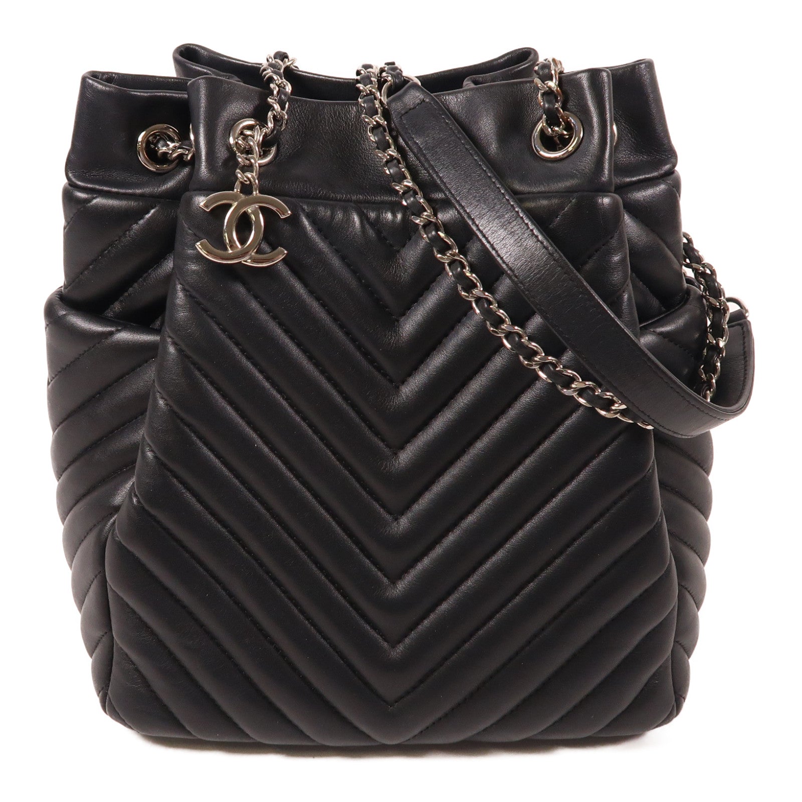 CHANEL CC sHW Bucket Chain Shoulder Bag Calfskin Leather Black