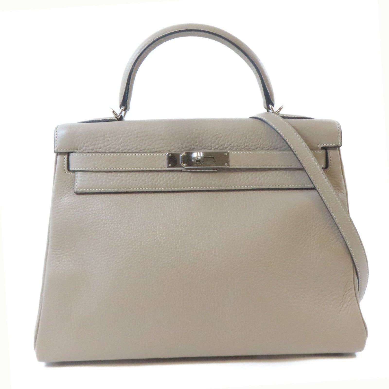 HERMES Clemence皮革Kelly 32銀扣手挽肩背兩用袋Gris Tourterelle淺灰色