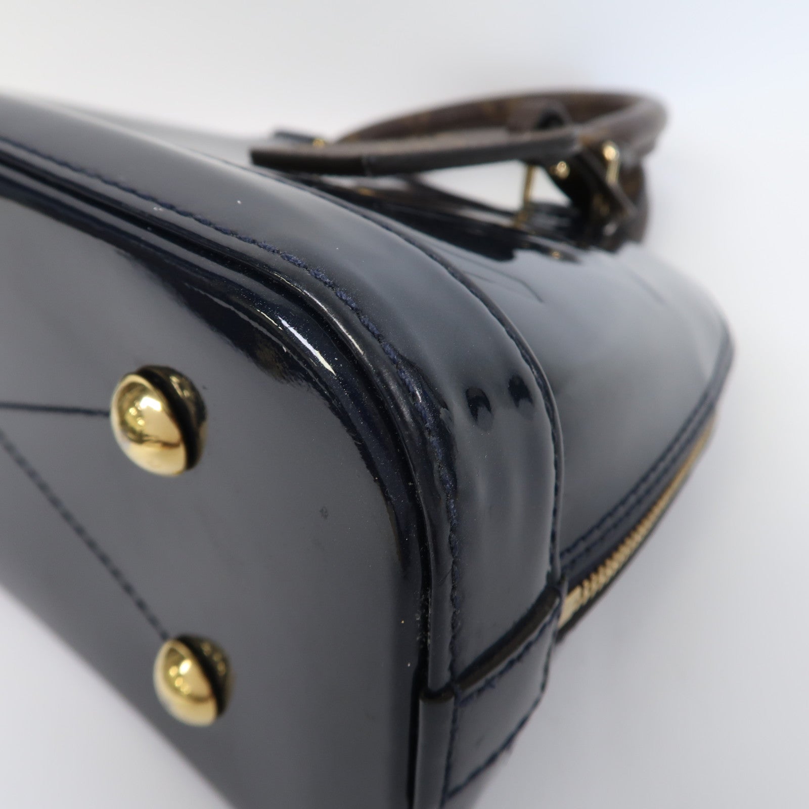 LOUIS VUITTON Monogram/漆皮皮革Alma BB金扣手挽肩背兩用袋深藍色/啡色