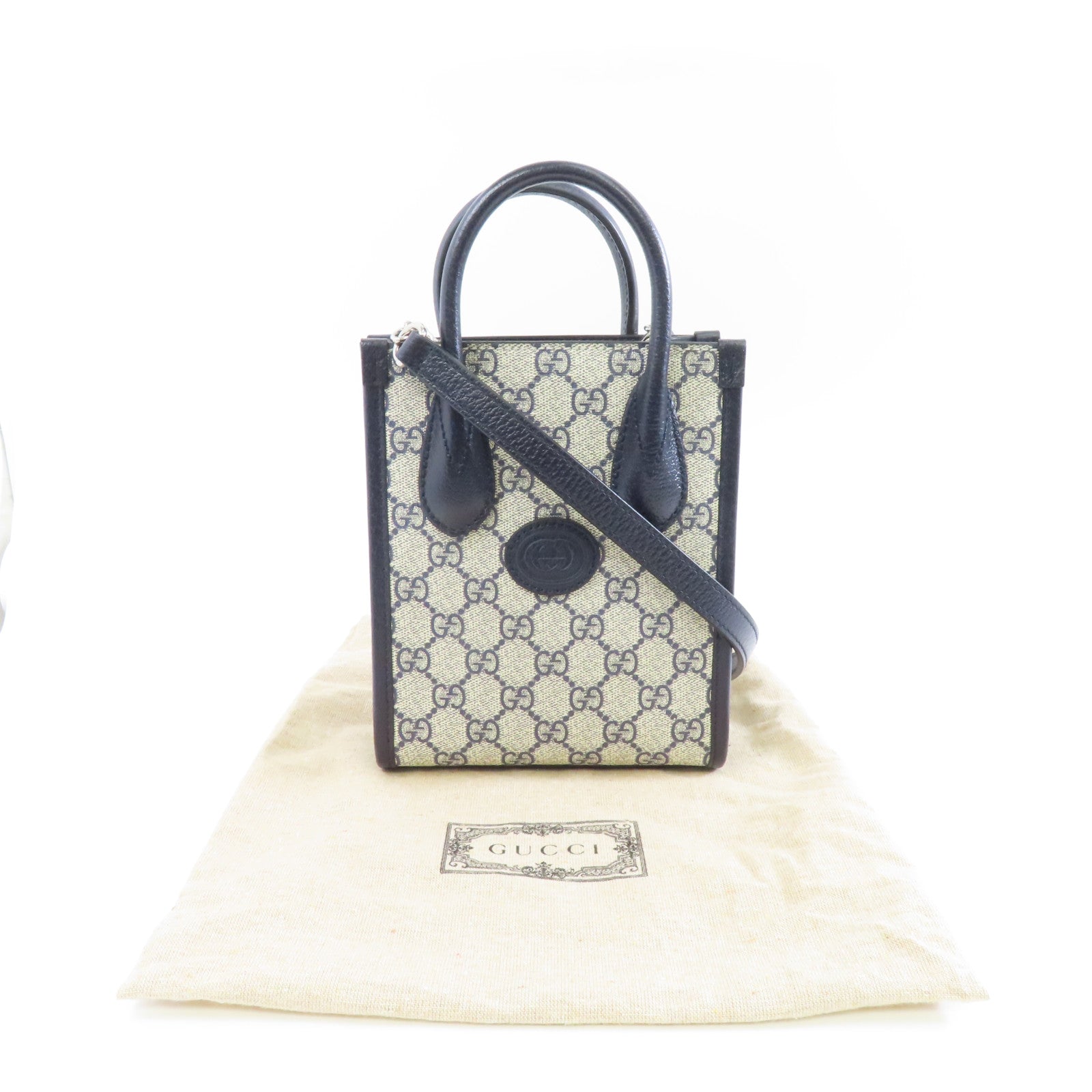GUCCI 【激減優惠】塗層帆布2way Shoulder Bag銀扣手挽肩背兩用袋藍色/米色