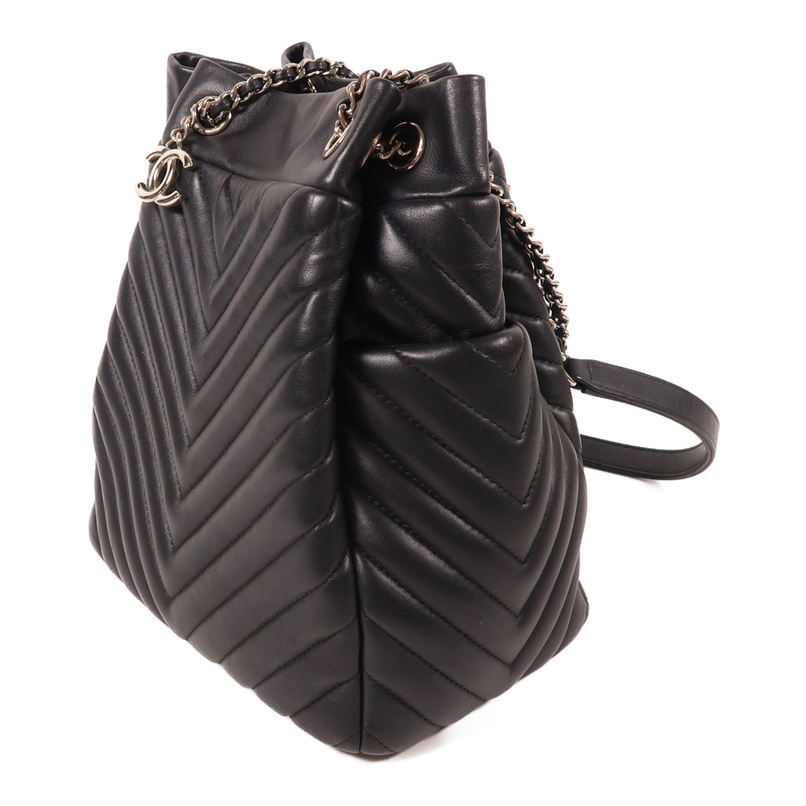 CHANEL CC sHW Bucket Chain Shoulder Bag Calfskin Leather Black