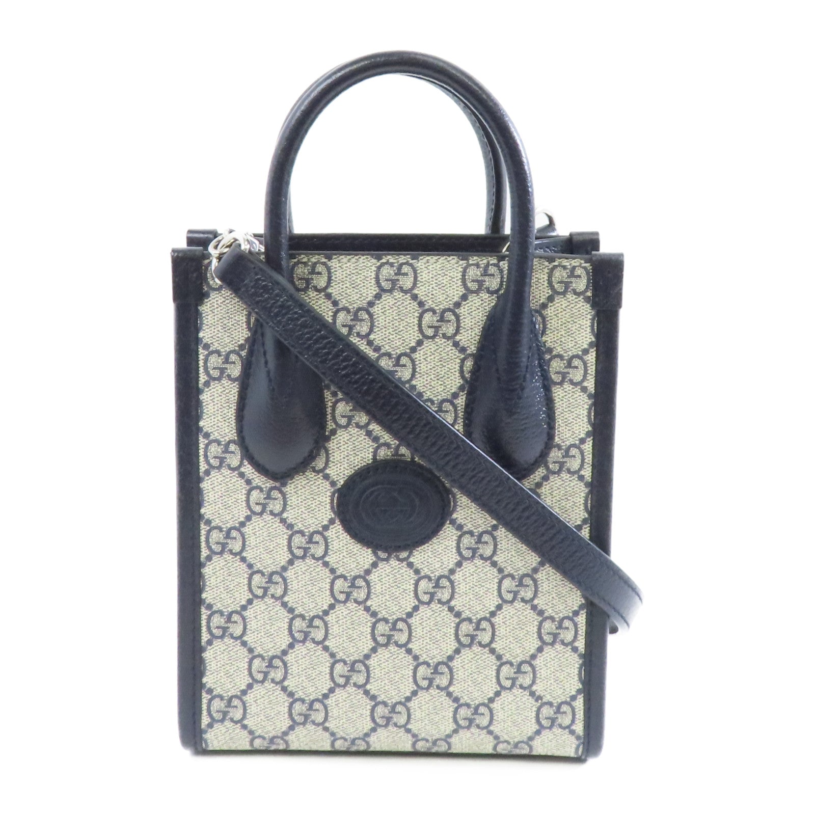 GUCCI 【激減優惠】塗層帆布2way Shoulder Bag銀扣手挽肩背兩用袋藍色/米色
