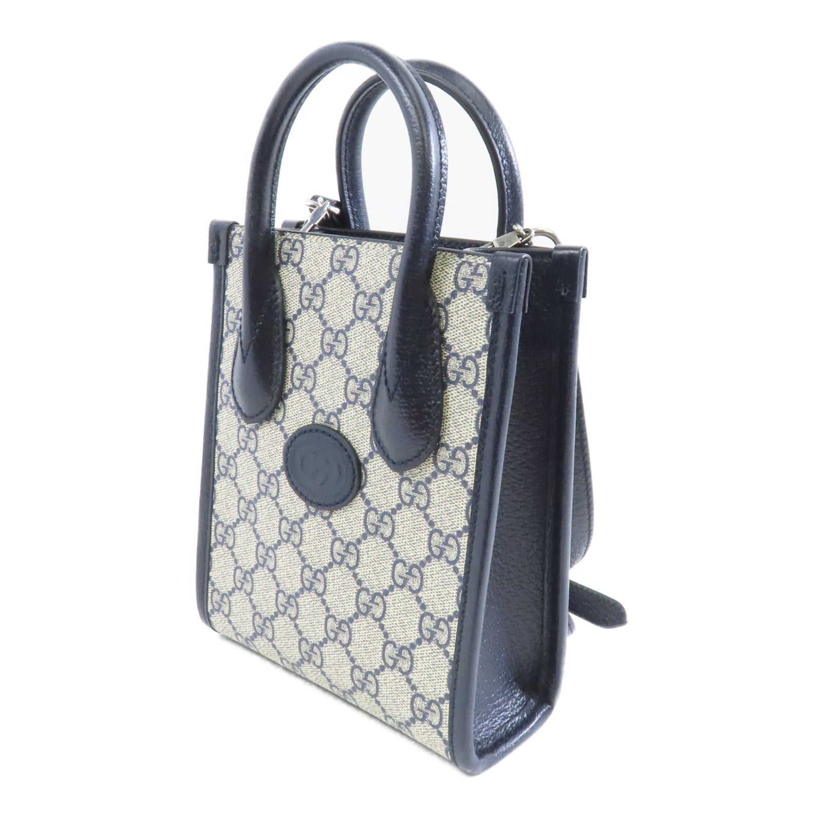 GUCCI 【激減優惠】塗層帆布2way Shoulder Bag銀扣手挽肩背兩用袋藍色/米色