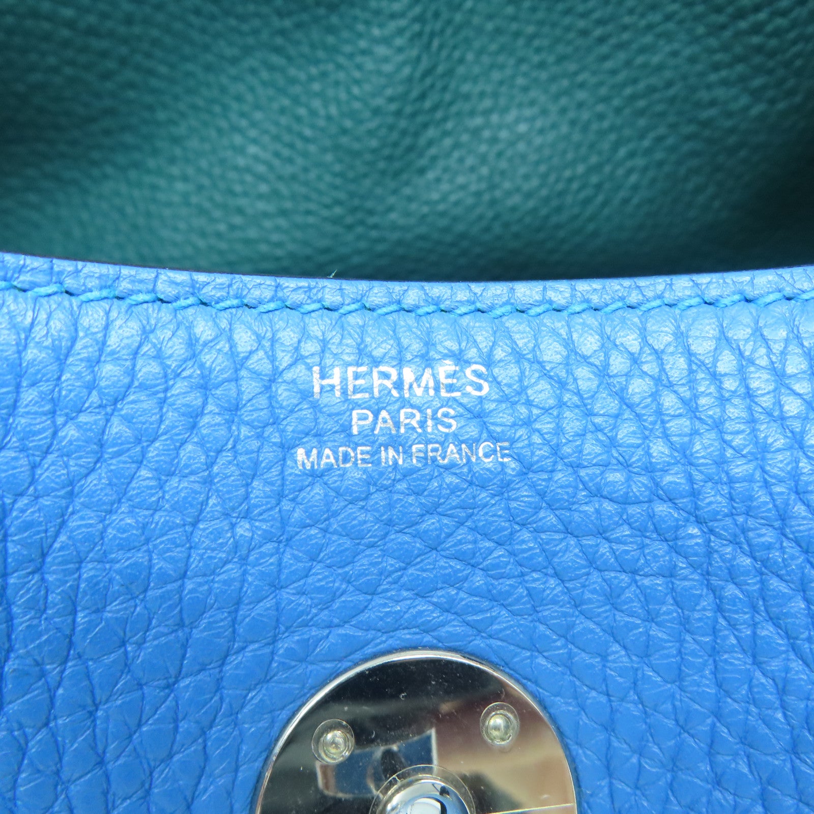 HERMES **【清倉大減價】Clemence皮革Lindy 30銀扣肩背袋Bleu Zanzibar/Malach藍色/飽和綠色