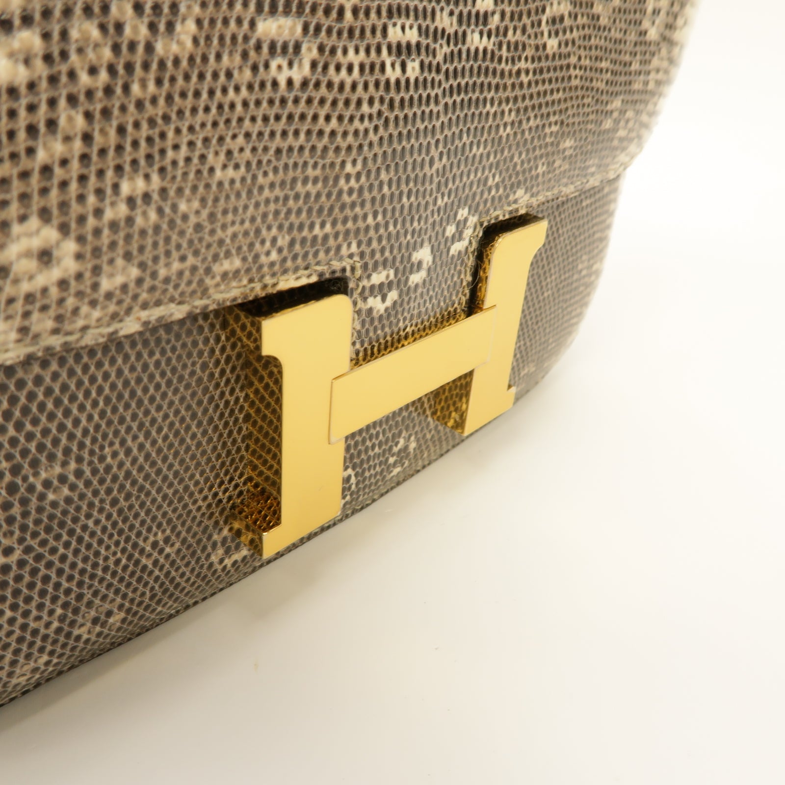 HERMES 蜥蝪皮革Mini Constance金扣肩背袋Ombre米色