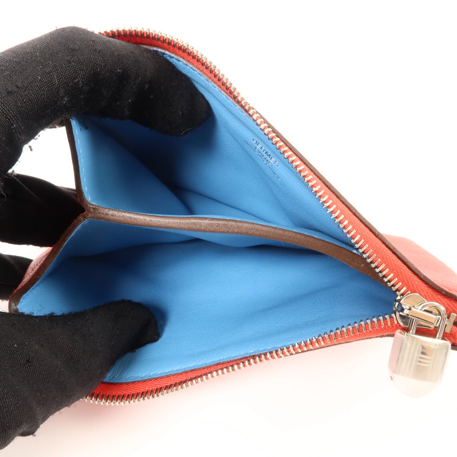 HERMES Evercolor皮革Atout Pouch 14(PM)小袋Braise/Bleu Du Nord