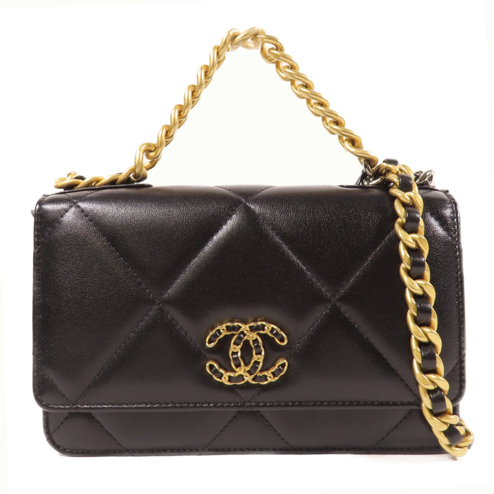 CHANEL 菱格牛皮皮革19 Wallet On Chain金扣鏈帶手挽肩背兩用袋黑色