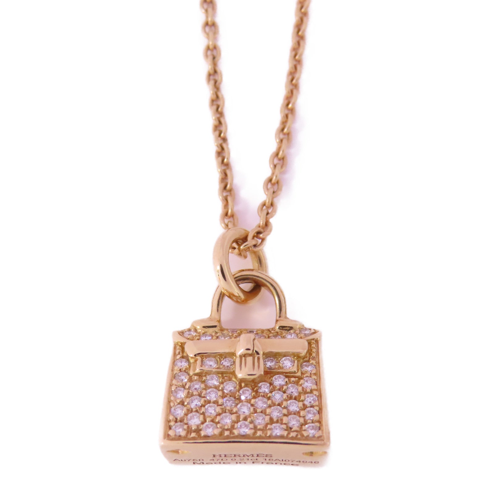 HERMES 18K玫瑰金/鑽石Amulettes kelly Pendant Necklace項鍊