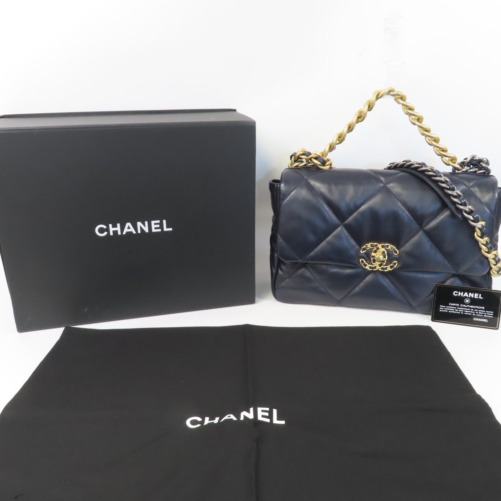 CHANEL 菱格羊皮皮革C19 Large手挽肩背兩用袋深藍色