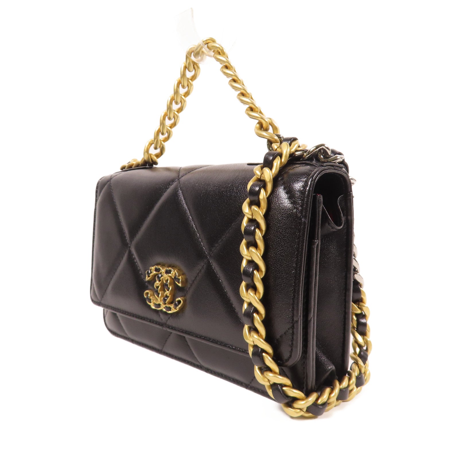 CHANEL 菱格牛皮皮革19 Wallet On Chain金扣鏈帶手挽肩背兩用袋黑色