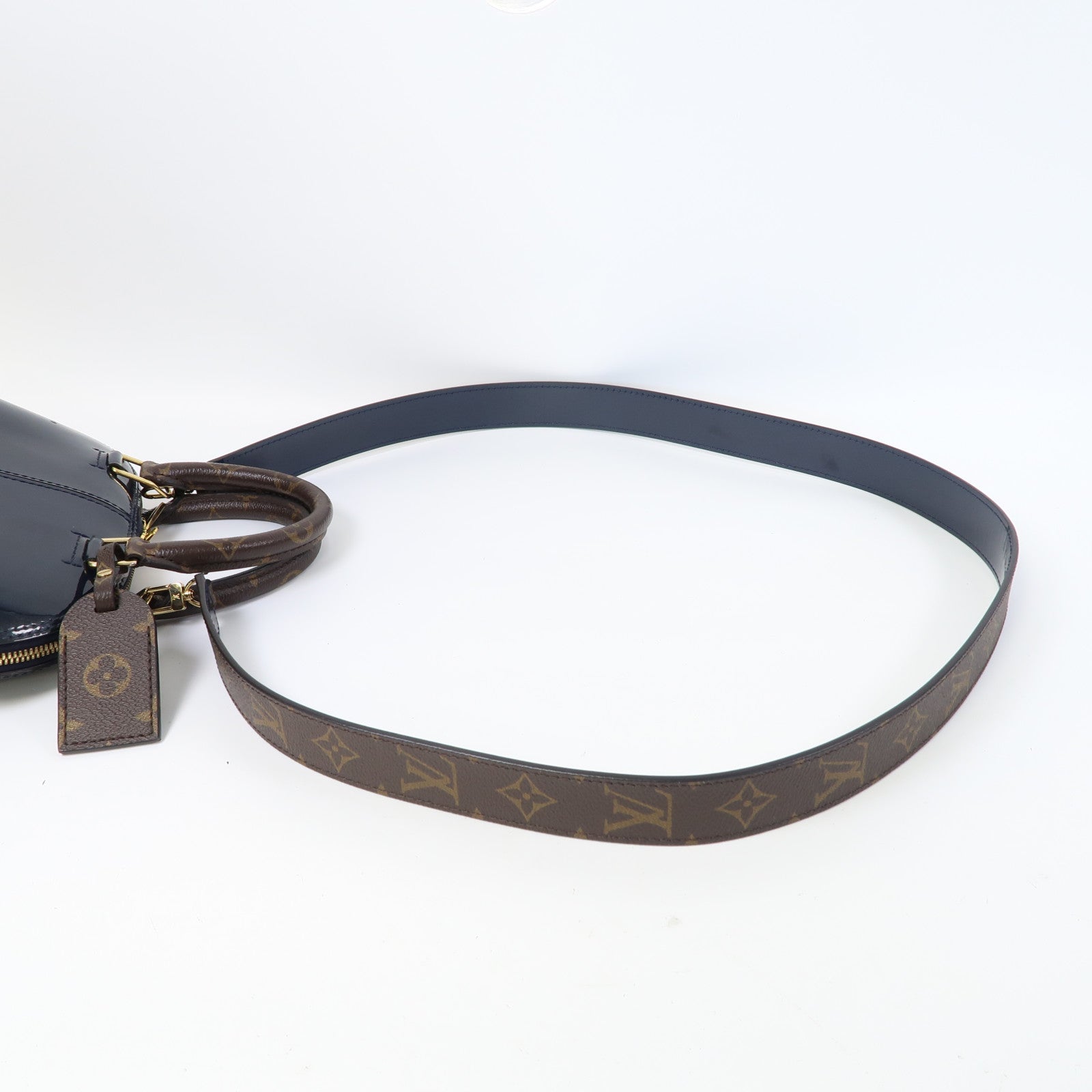 LOUIS VUITTON Monogram/漆皮皮革Alma BB金扣手挽肩背兩用袋深藍色/啡色