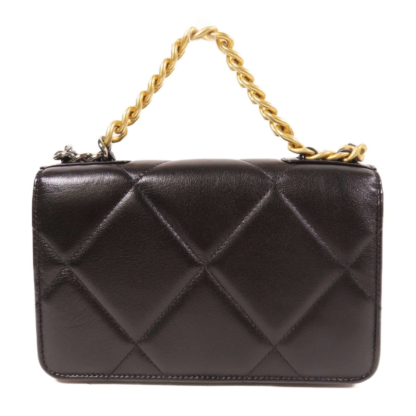 CHANEL 菱格牛皮皮革19 Wallet On Chain金扣鏈帶手挽肩背兩用袋黑色