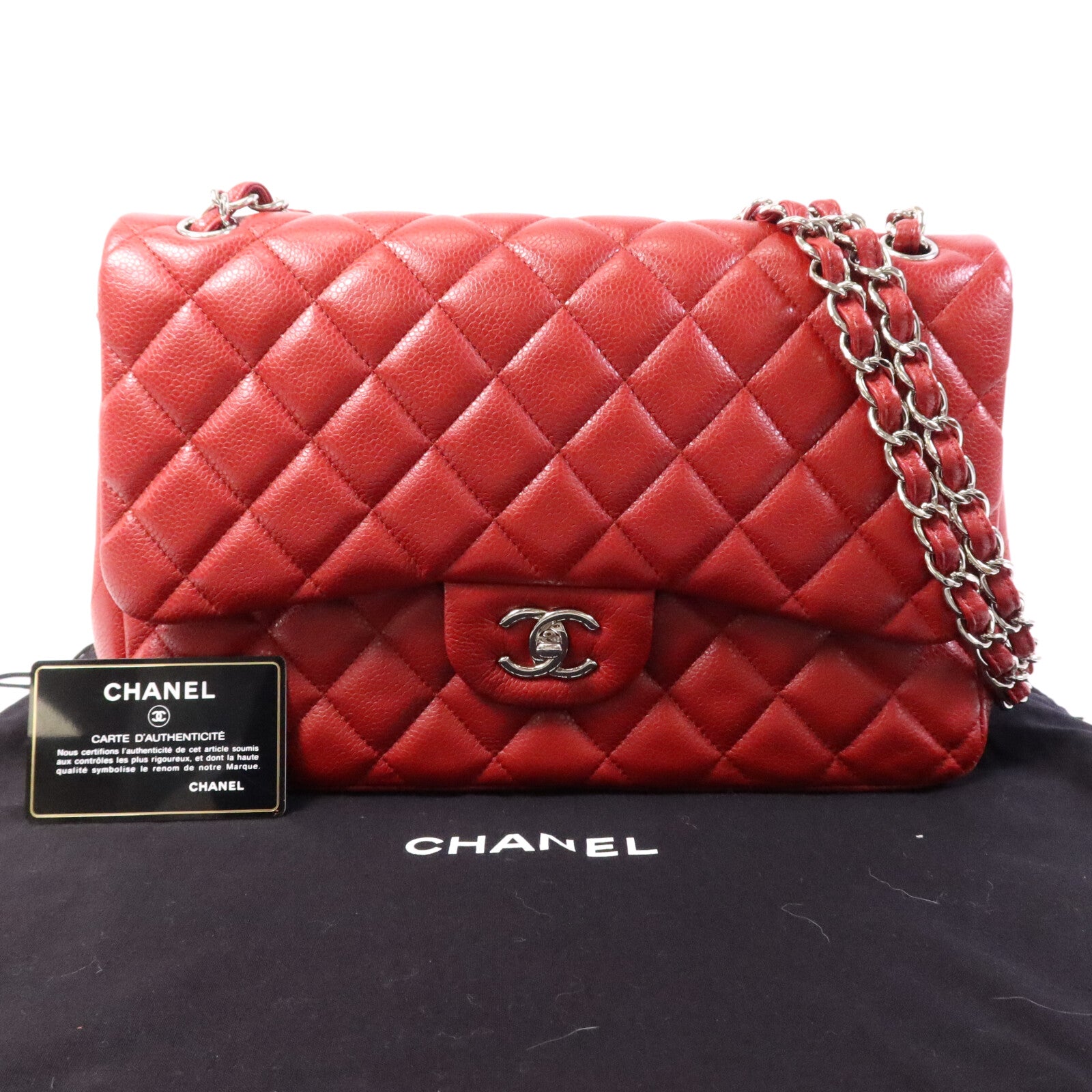 CHANEL 牛皮皮革Large Classic銀扣鏈帶肩背袋