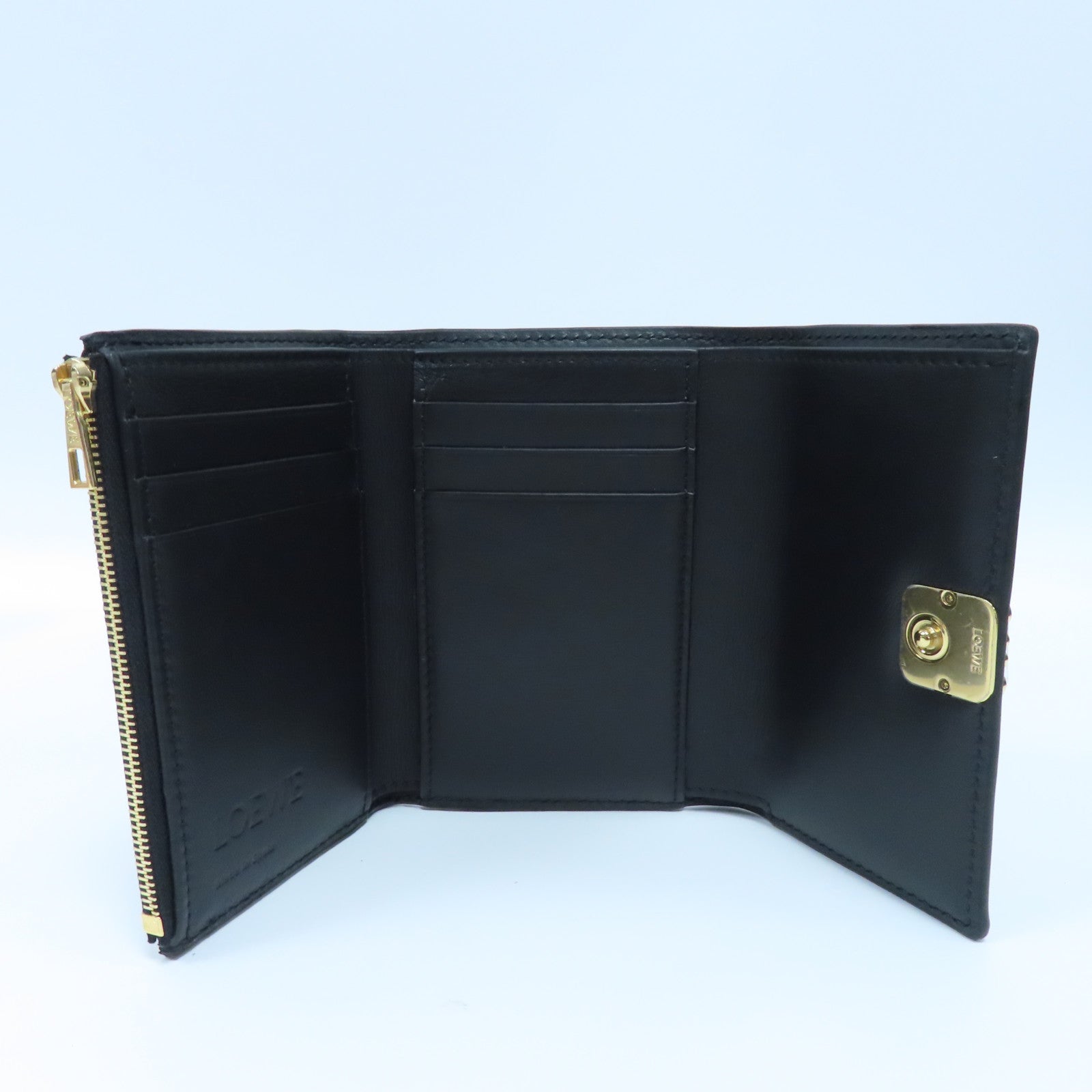 LOEWE 羊皮皮革Tri-fold Wallet金扣三摺錢包黑色