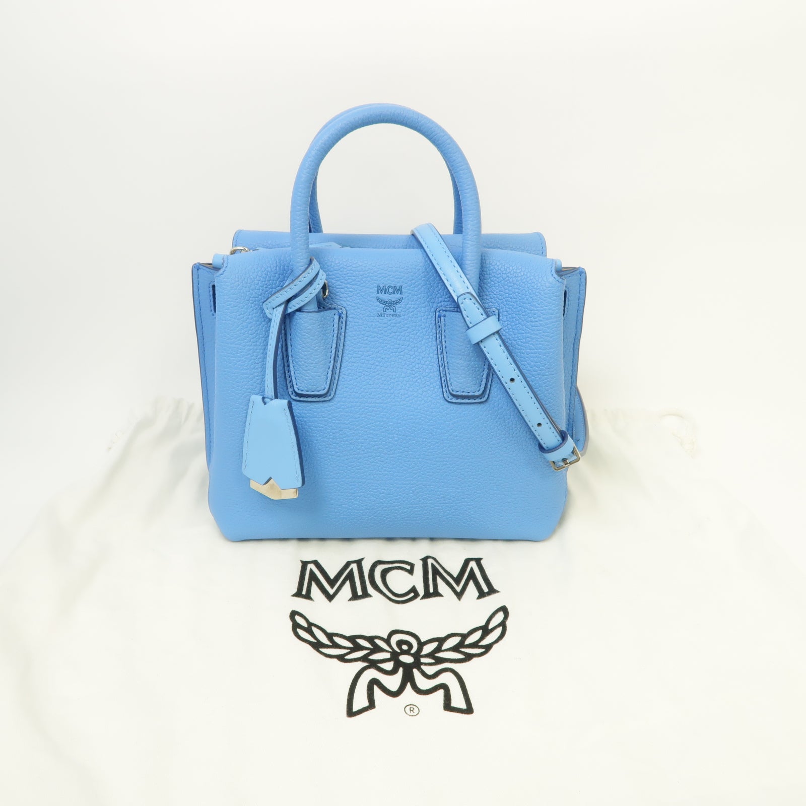 MCM 牛皮皮革2way Shoulder Bag銀扣手挽肩背兩用袋藍色