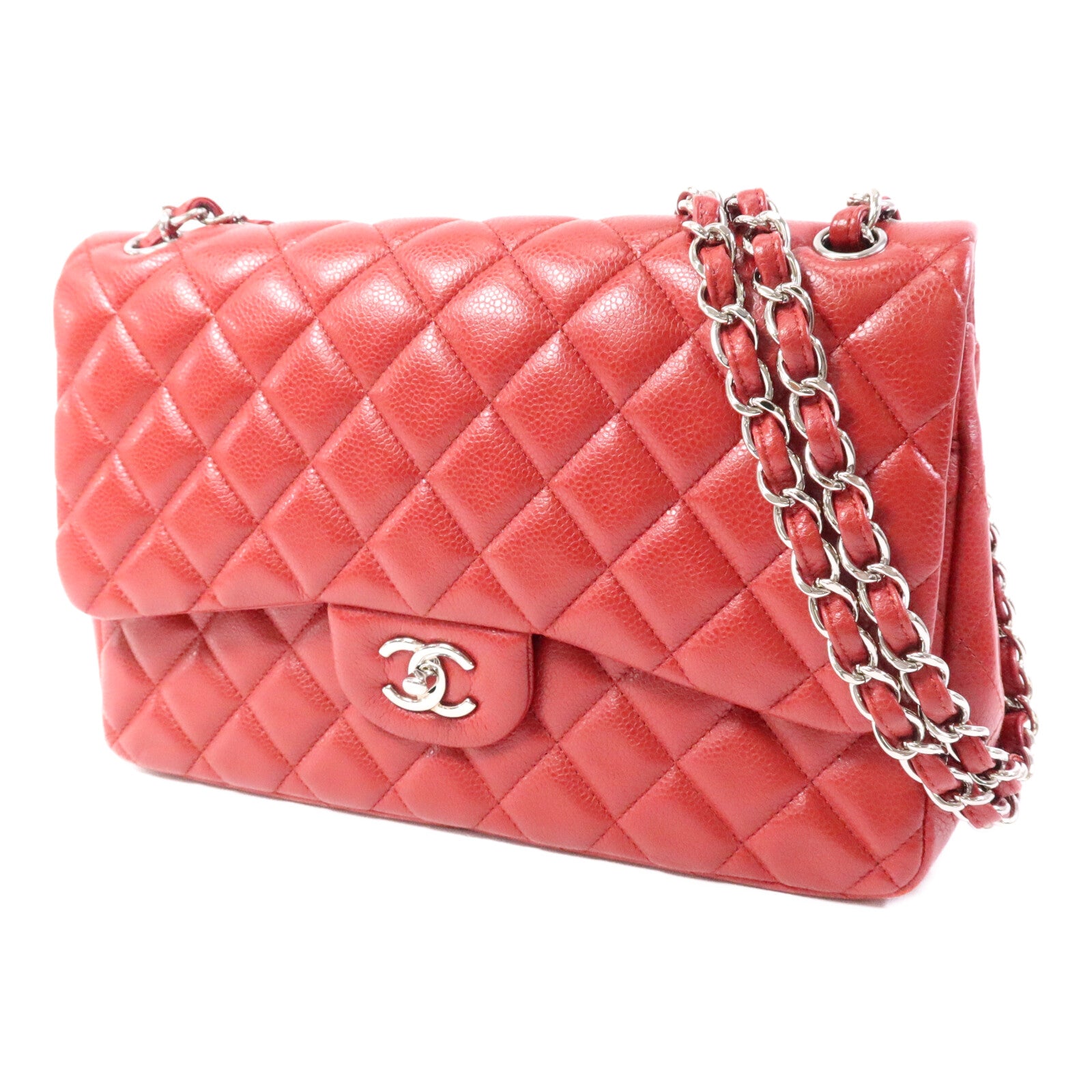 CHANEL 牛皮皮革Large Classic銀扣鏈帶肩背袋